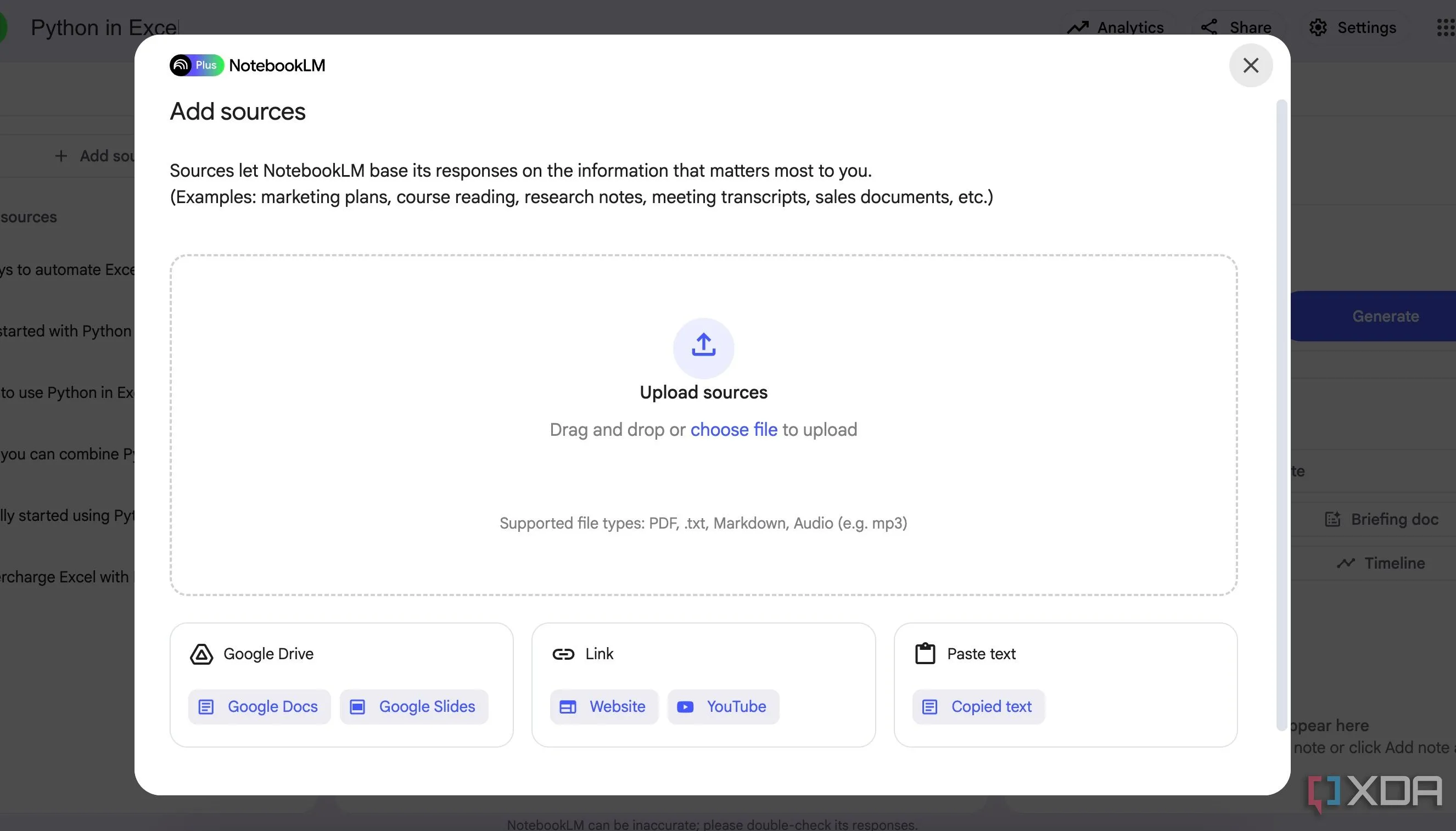 Cách thêm nguồn tài liệu vào NotebookLM với các tùy chọn Drive, tải lên, YouTube và URL web