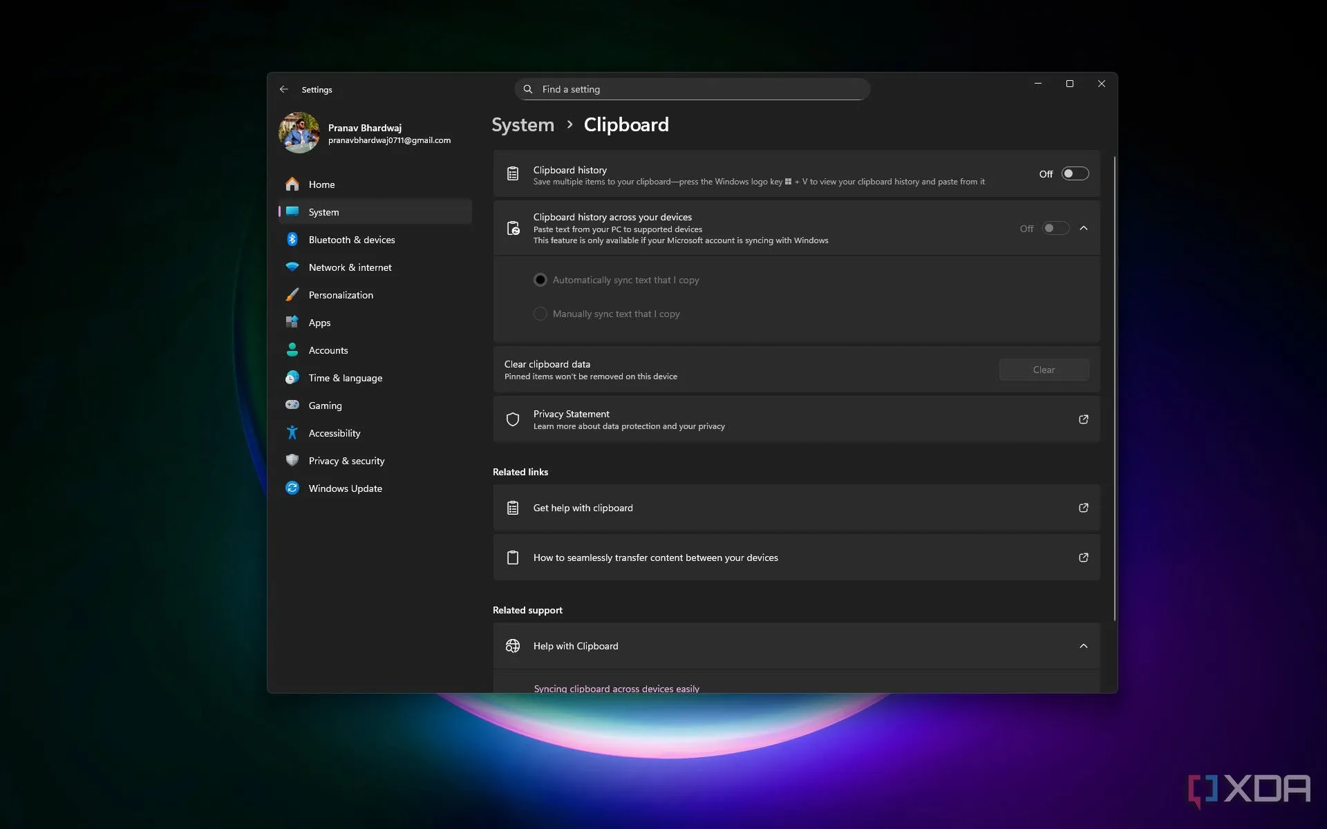 Cài đặt Clipboard trong Windows 11, nơi người dùng bật lịch sử Clipboard và đồng bộ qua các thiết bị.