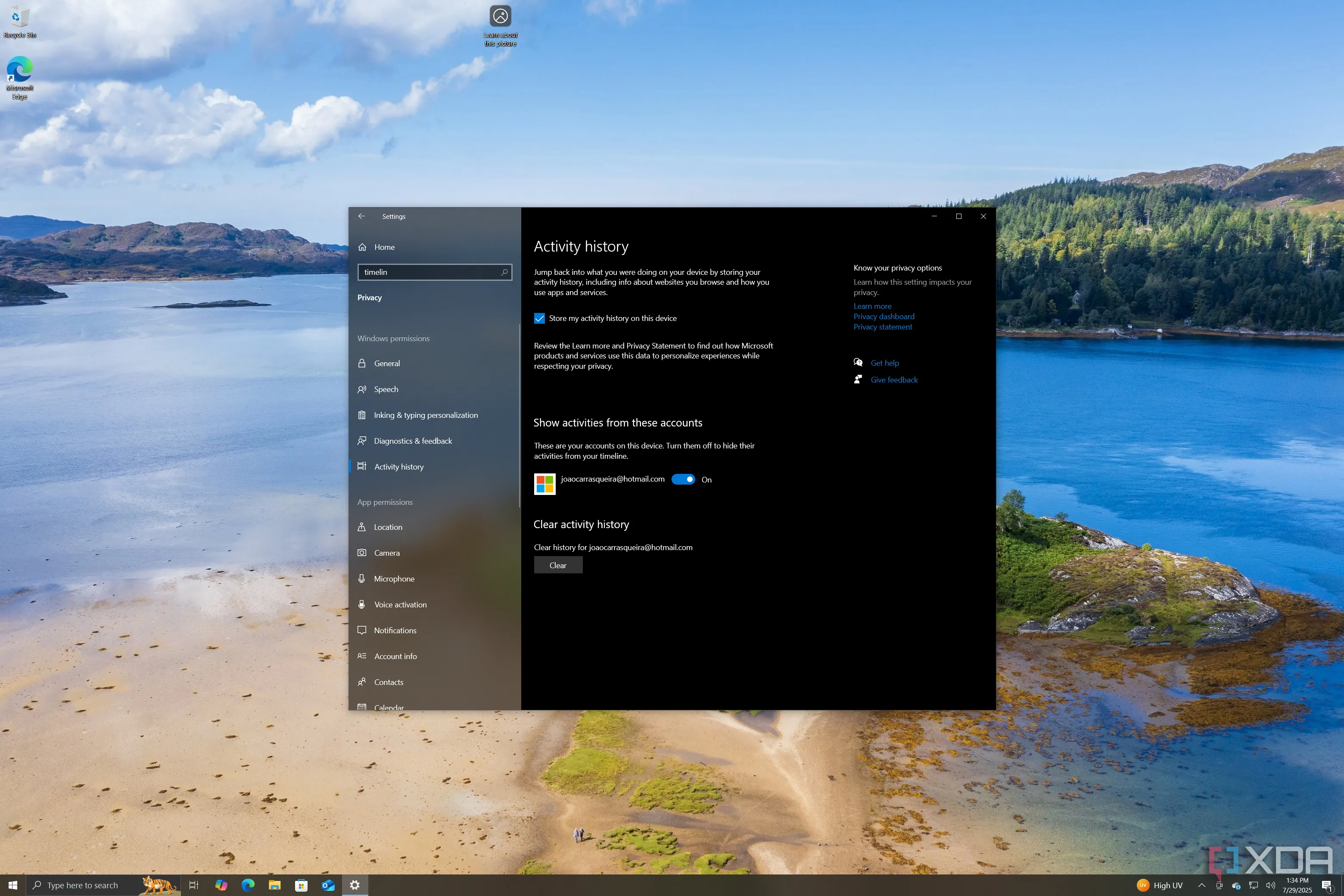 Cài đặt lịch sử hoạt động trên Windows 10 phiên bản 22H2, liên quan đến tính năng Timeline theo dõi các hoạt động của người dùng.