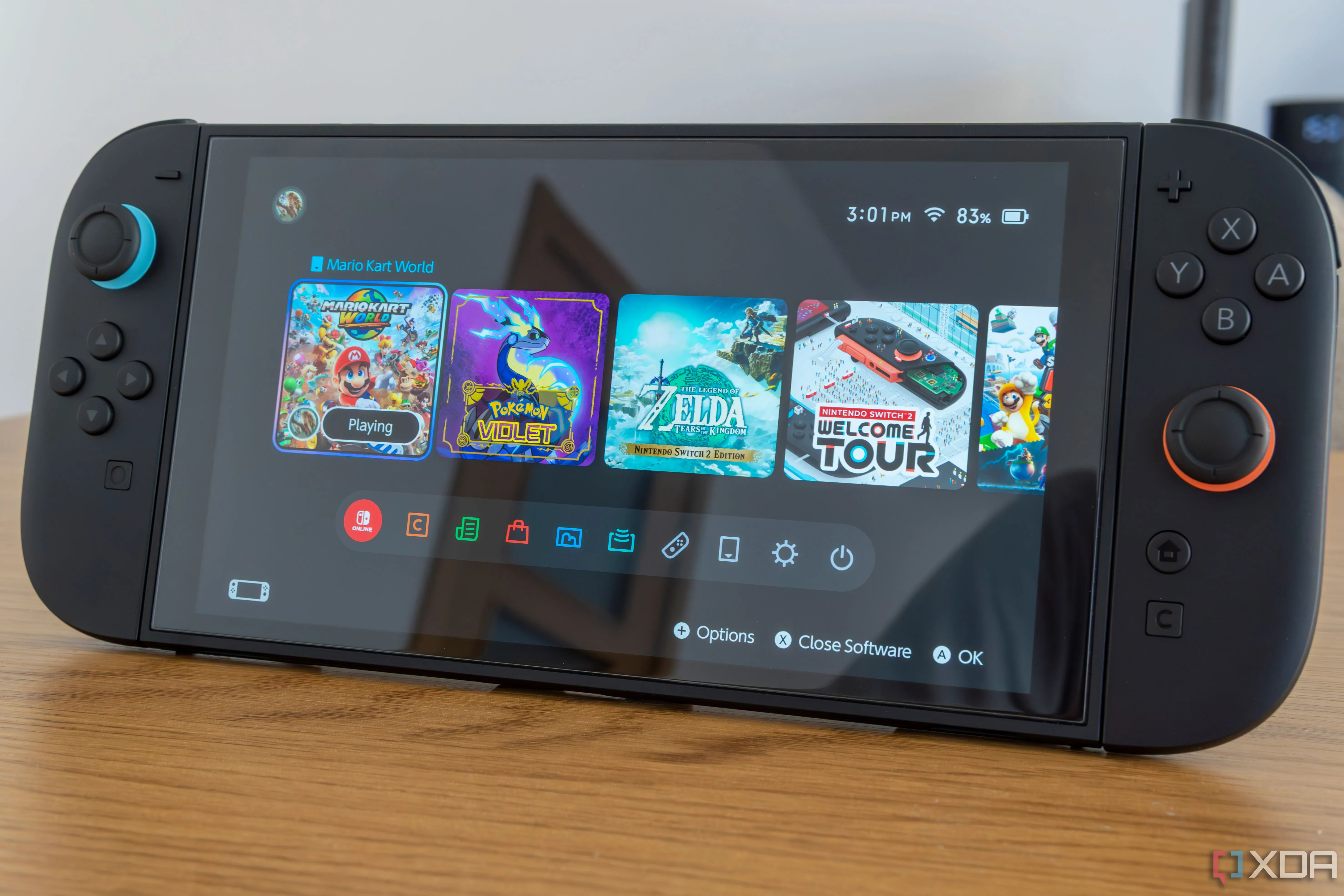 Cận cảnh giao diện màn hình chính của máy chơi game Nintendo Switch 2, thể hiện sự xuất hiện của console mới trong cộng đồng speedrun.