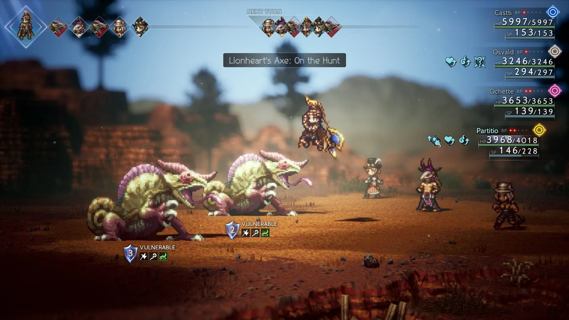 Cận cảnh kỹ năng Lionheart's Axe trong Octopath Traveler 2, minh họa lối chơi nhập vai HD-2D.