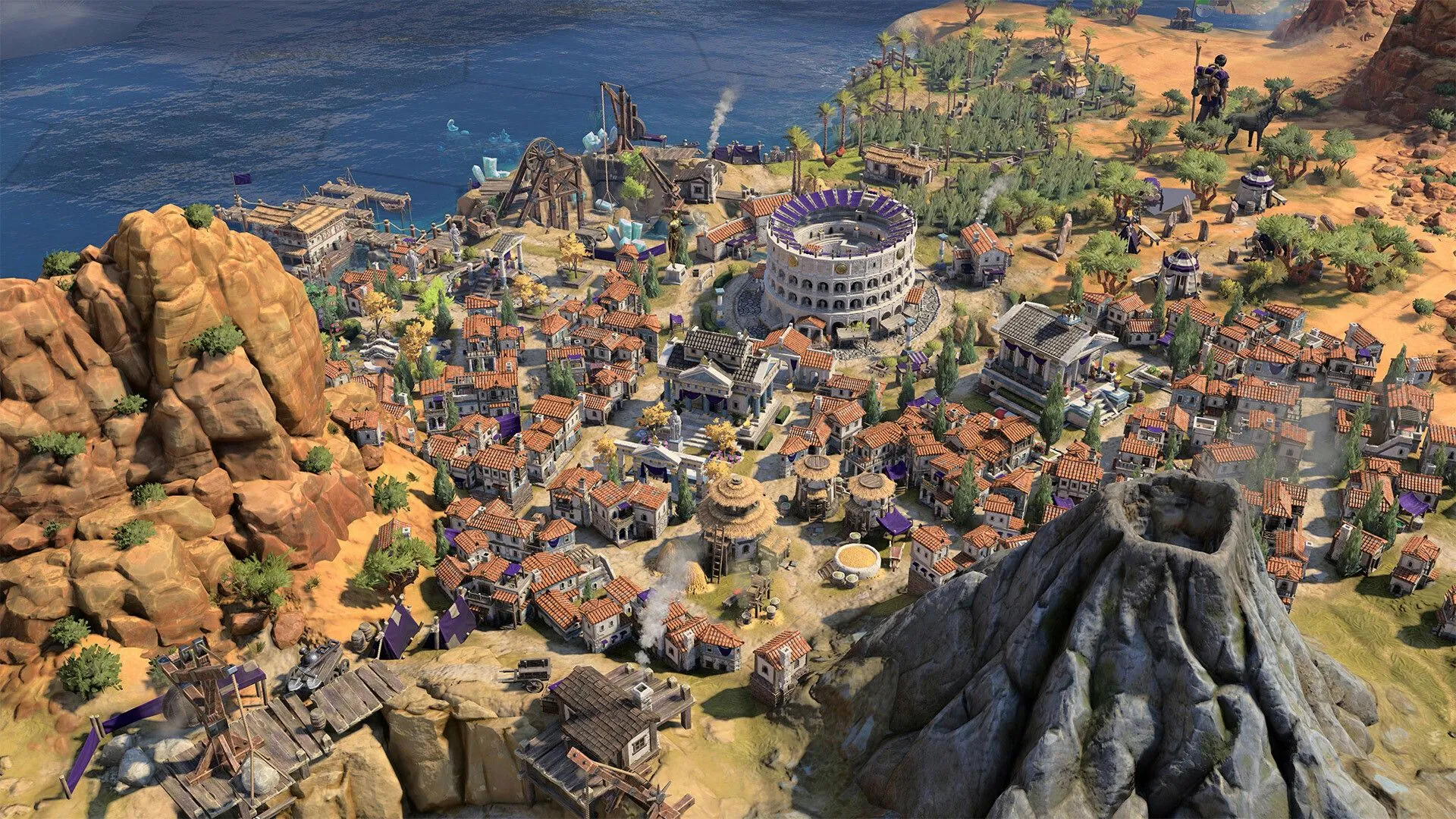 Cận cảnh một thành phố phát triển rực rỡ trong Sid Meier's Civilization VII
