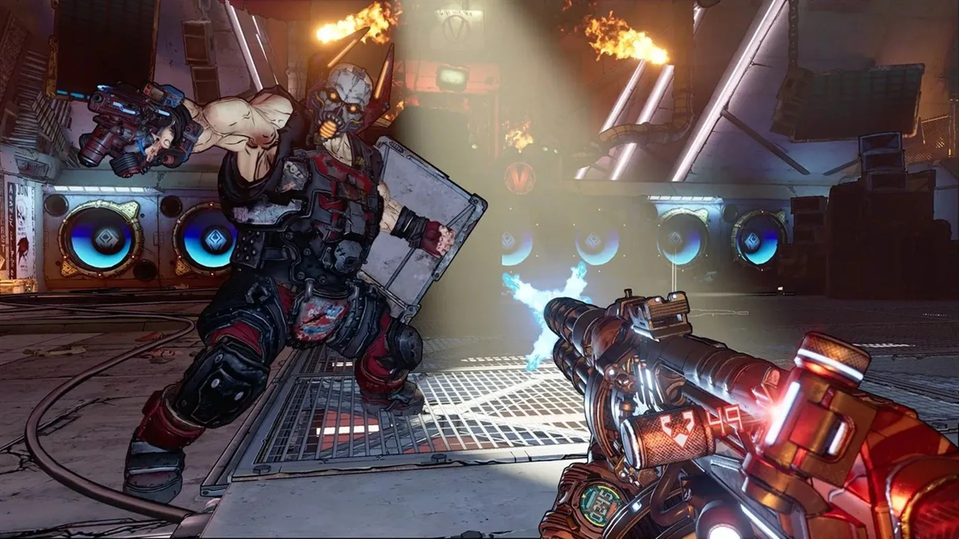 Cảnh chiến đấu căng thẳng trong Borderlands 3 trên Nintendo Switch 2, thể hiện đồ họa và hiệu ứng được cải thiện.