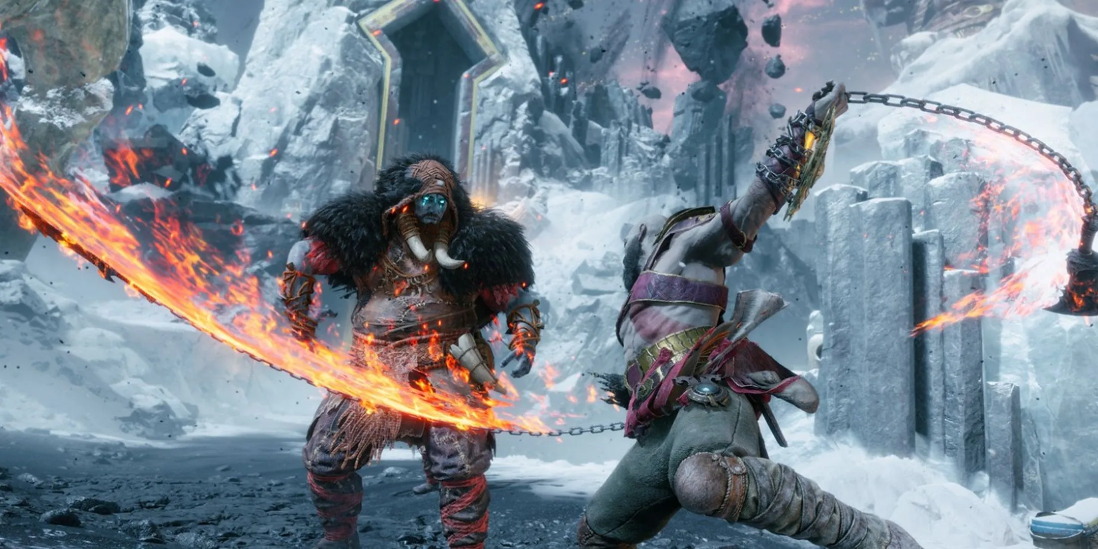 Cảnh chiến đấu mãnh liệt của Kratos với Blades of Chaos rực lửa trong God of War Ragnarok