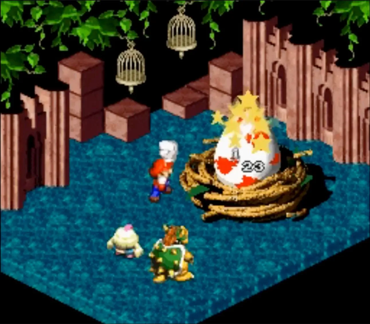 Cảnh chiến đấu theo lượt trong Super Mario RPG với Mario và Mallow đối đầu với quái vật