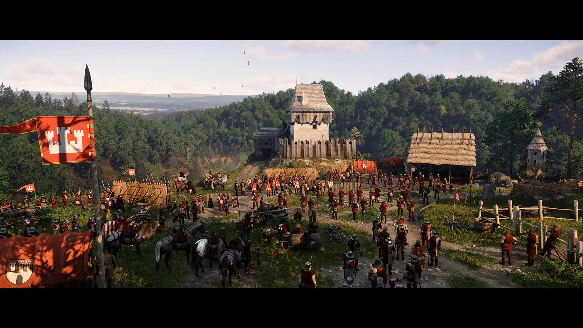 Cảnh chiến đấu thời Trung cổ trong Kingdom Come Deliverance 2 với binh lính và lâu đài