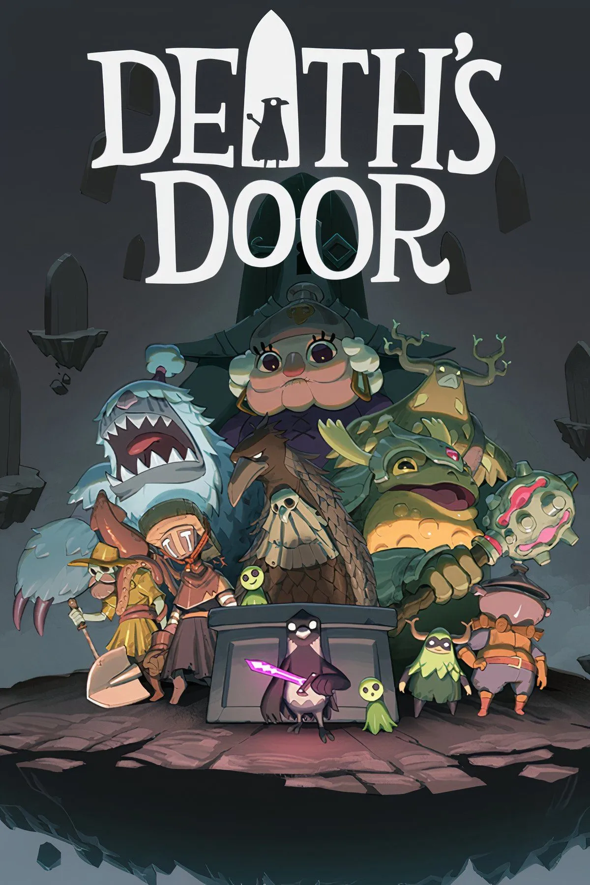 Cảnh chiến đấu trong game Death's Door với nhân vật chính đang đối đầu với quái vật và các hiệu ứng tấn công đầy màu sắc