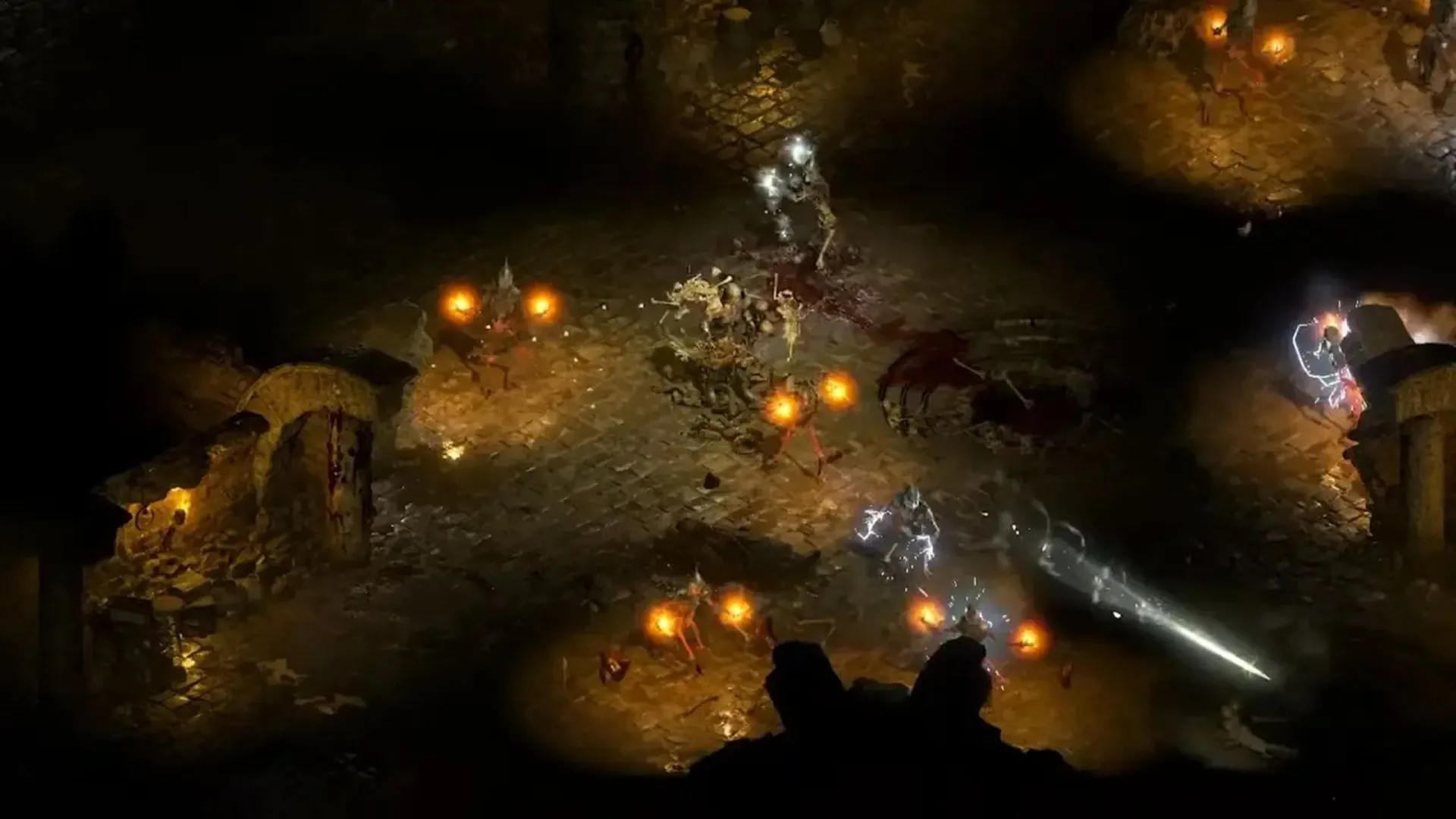 Cảnh chiến đấu trong ngục tối của Diablo 2: Resurrected, hiển thị hiệu ứng kỹ năng mượt mà hơn khi chơi trên Nintendo Switch 2.