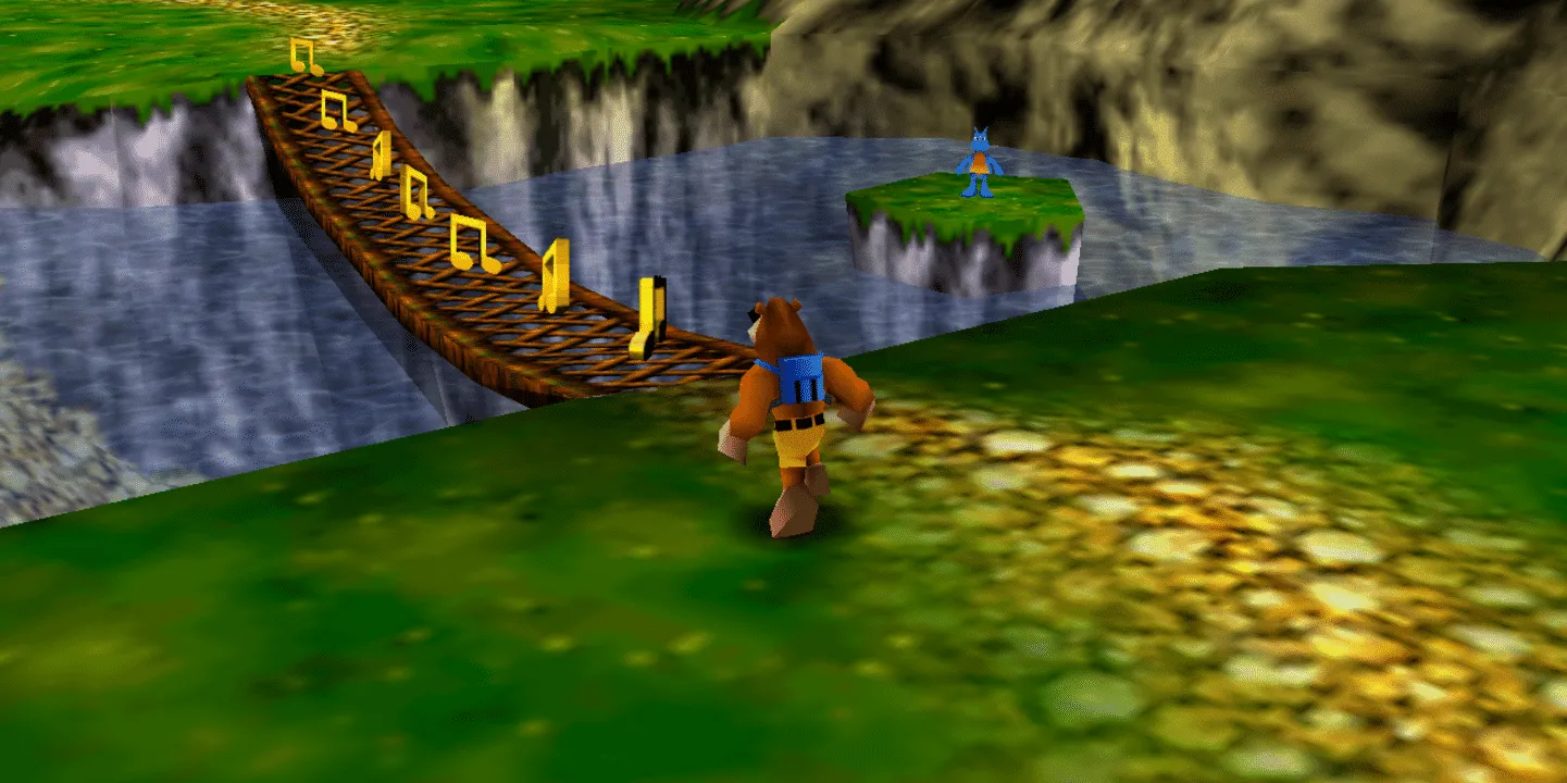 Cảnh chơi game Banjo-Kazooie với Banjo và Kazooie khám phá một môi trường đầy màu sắc.