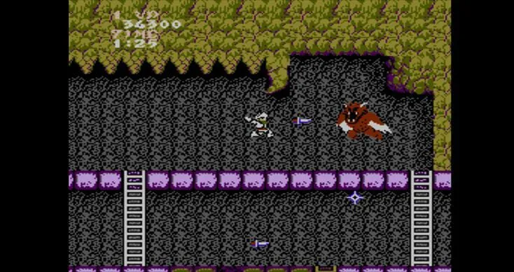 Cảnh chơi game Ghosts 'n Goblins với Sir Arthur chiến đấu.