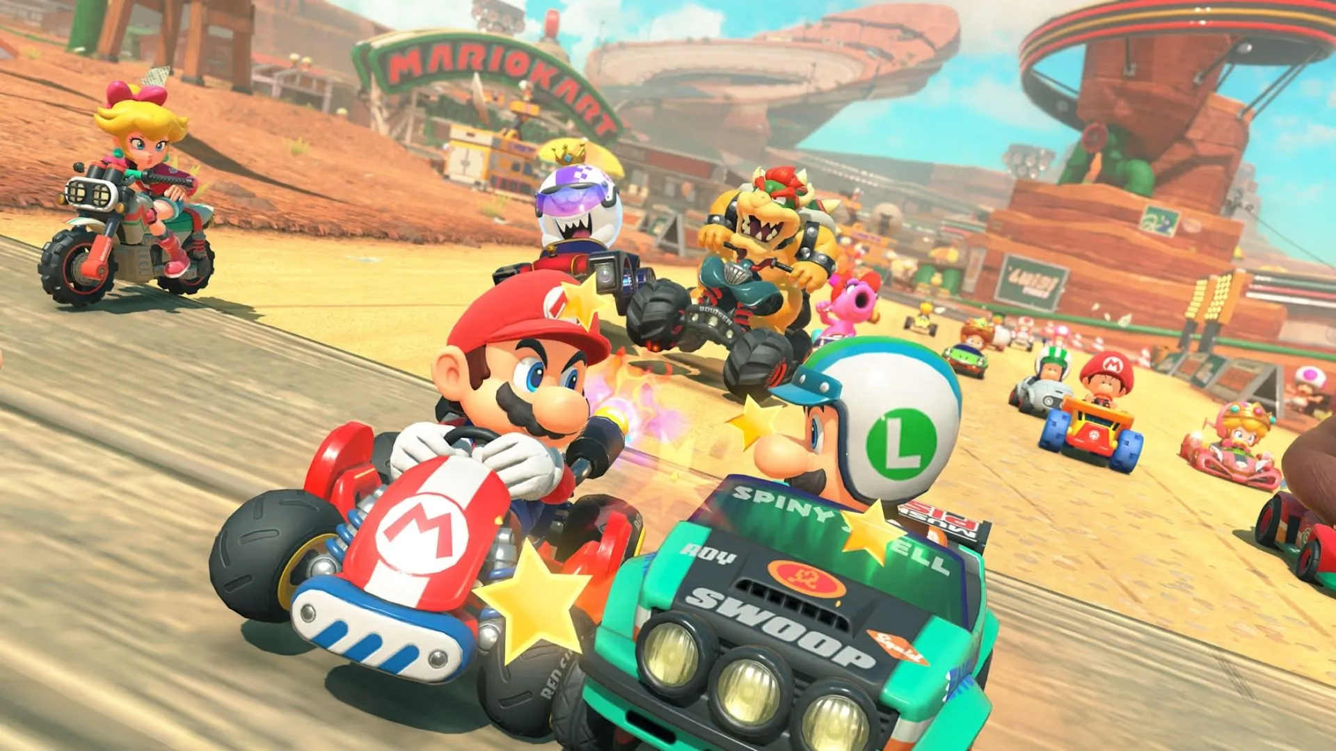 Cảnh đua 24 người kịch tính trong chế độ Knockout Tour của Mario Kart World.