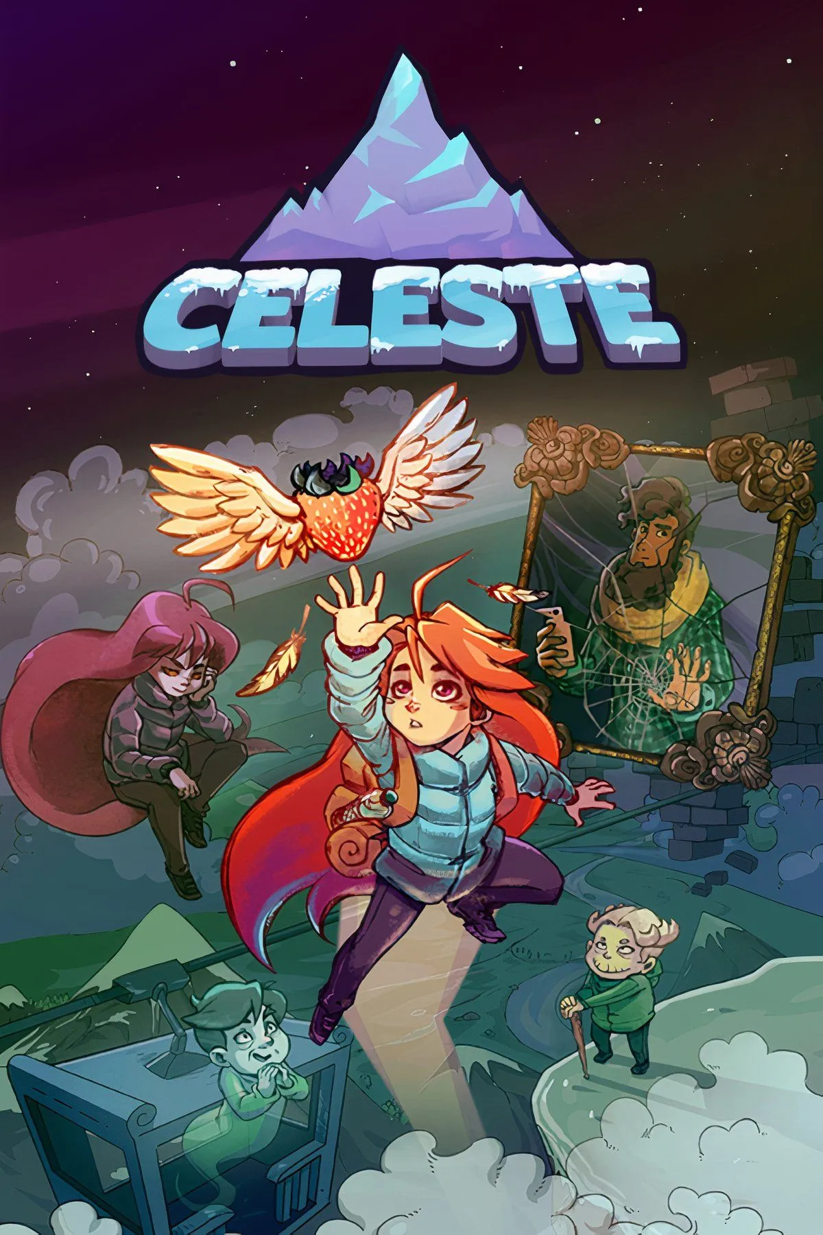 Cảnh game Celeste với nhân vật chính Madeline nhảy vượt qua chướng ngại vật trên đỉnh núi tuyết