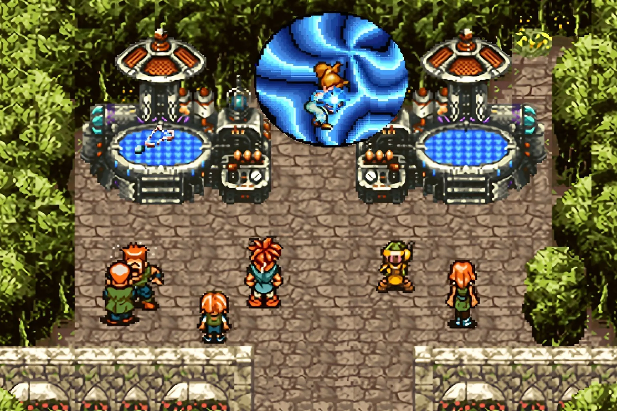 Cảnh game Chrono Trigger: Nhóm nhân vật huyền thoại trước cổng thời gian huyền bí.