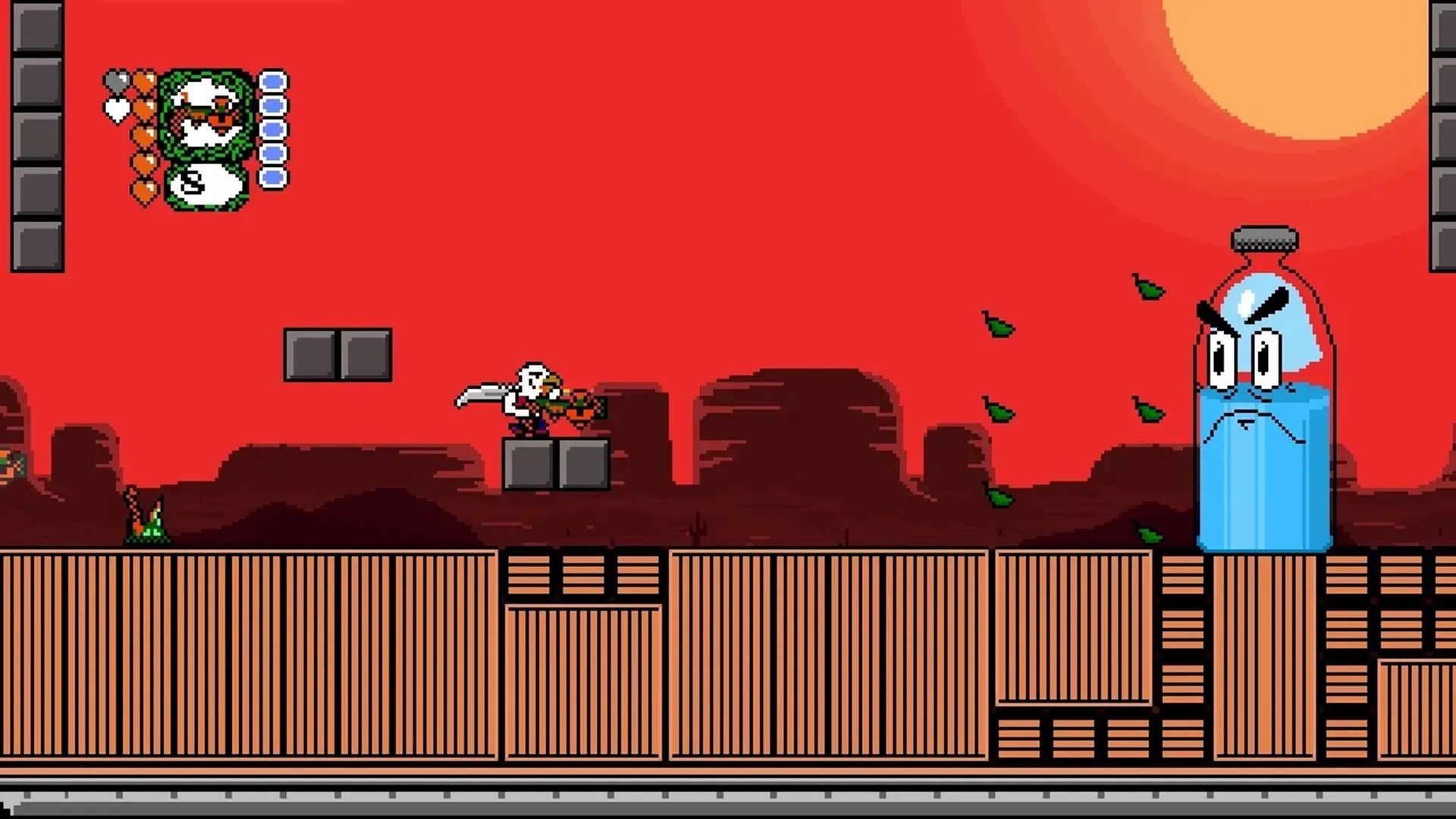Cảnh gameplay của Revenge of the Bird King, nhân vật Dwanye người chim đang nhảy và bắn súng trong một môi trường đầy màu sắc với cây cối có súng.