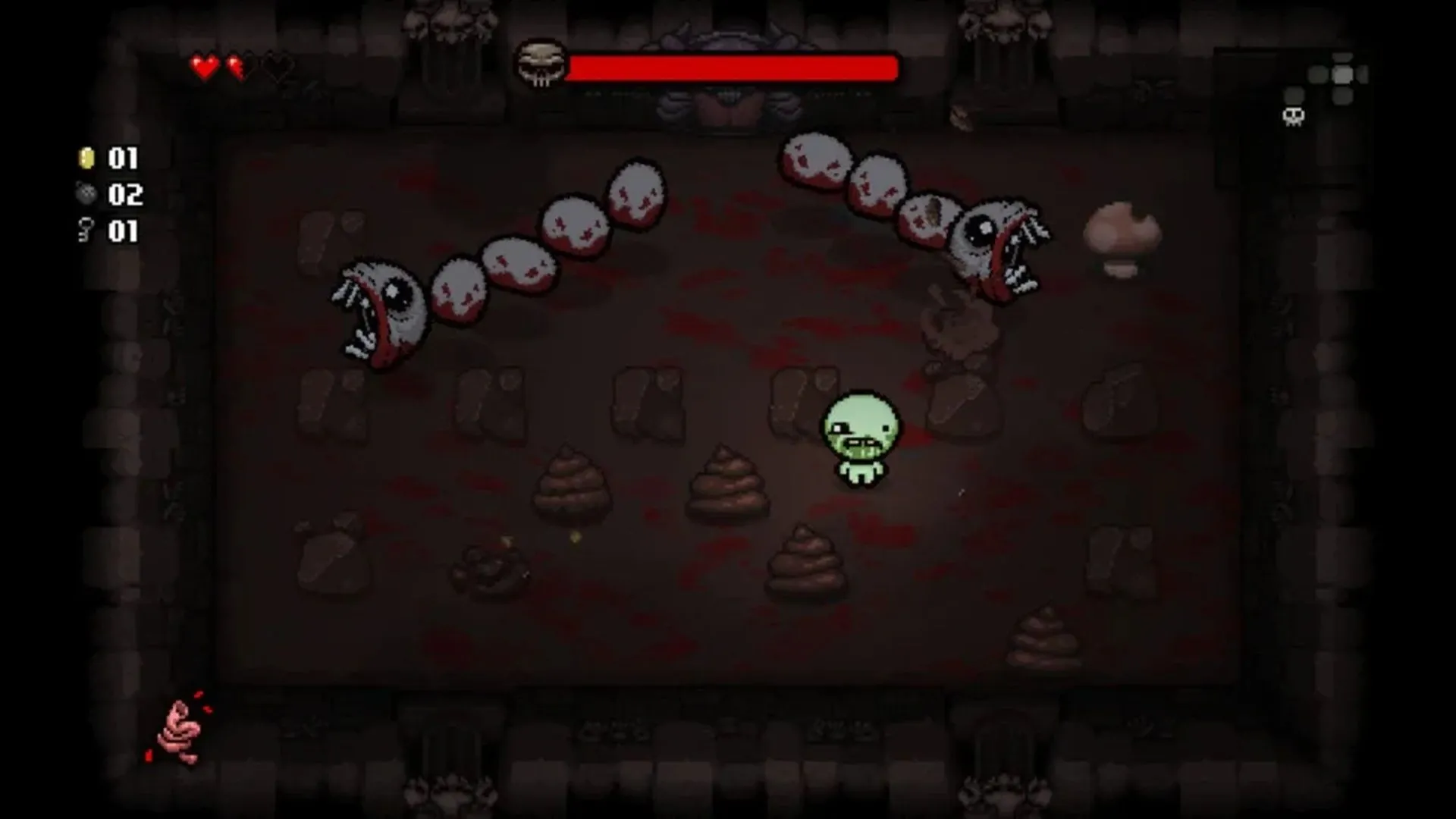 Cảnh gameplay của The Binding of Isaac Rebirth, nhân vật Isaac với đôi mắt to đang bắn đạn nước mắt vào quái vật trong một dungeon tối tăm.