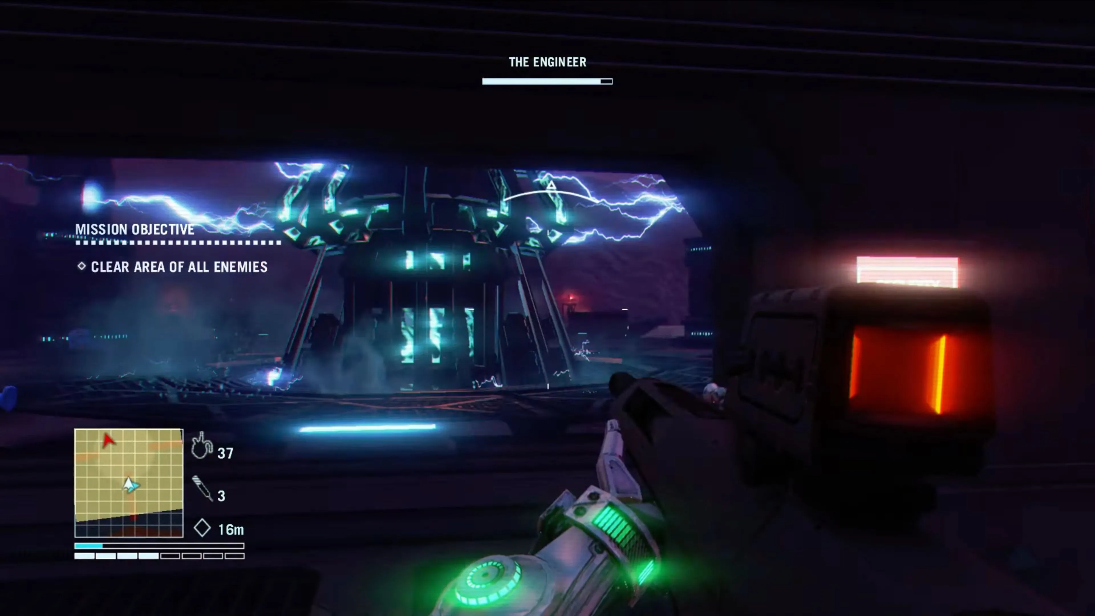 Cảnh môi trường game Far Cry 3 Blood Dragon với hiệu ứng ánh sáng neon