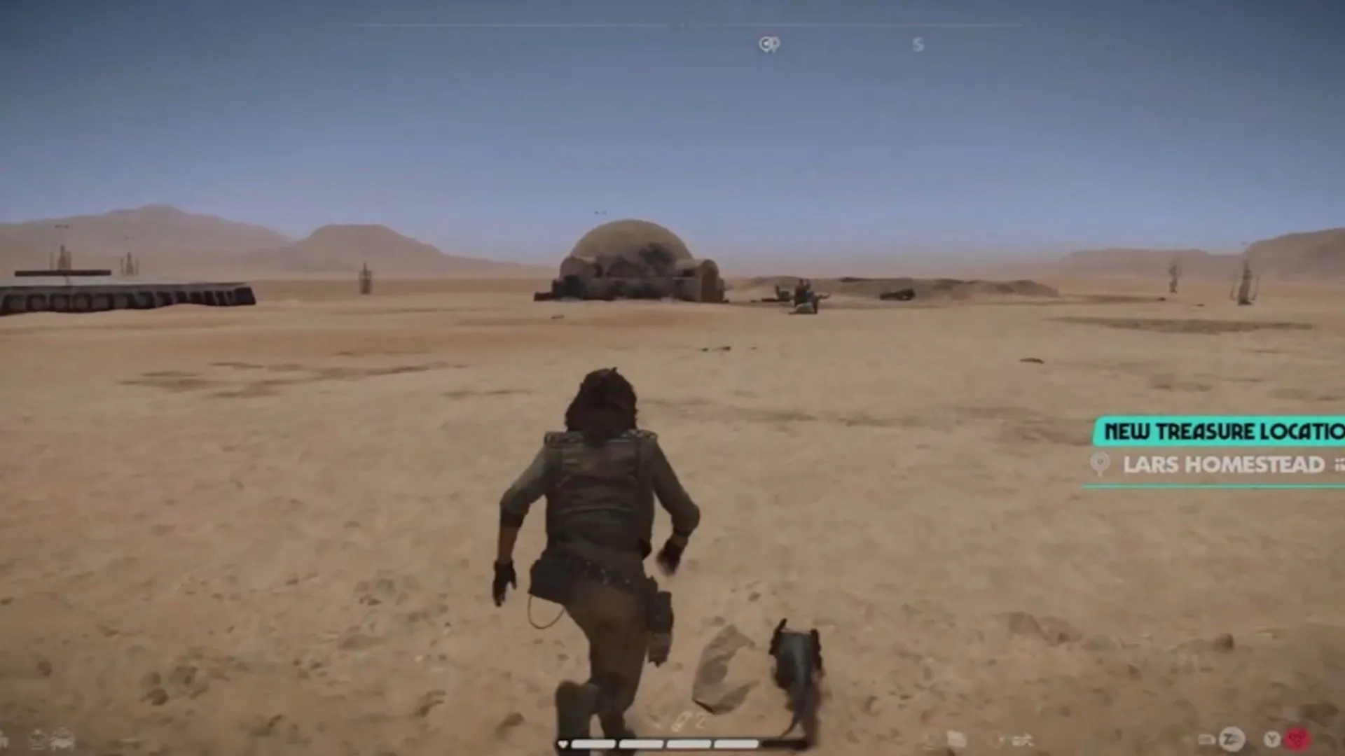 Cảnh người chơi khám phá Trang trại Lars trên hành tinh Tatooine trong game Star Wars Outlaws, tái hiện địa điểm biểu tượng từ phim.