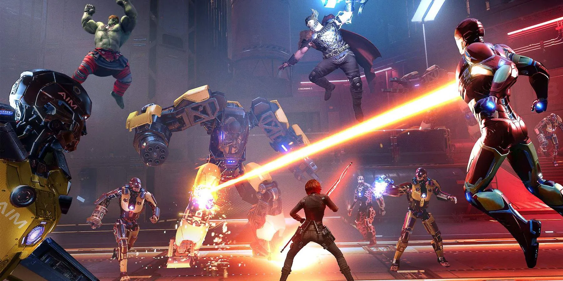 Cảnh nhiều anh hùng chiến đấu cùng kẻ thù trong Marvel's Avengers, minh họa gameplay bị chỉ trích là kém hấp dẫn và đầy lỗi