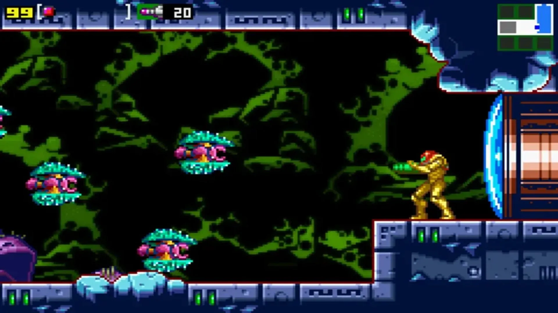 Cảnh quay màn hình game Metroid: Zero Mission trên Game Boy Advance, hiển thị đồ họa màu sắc rực rỡ và Samus Aran trong bộ Power Suit quen thuộc.