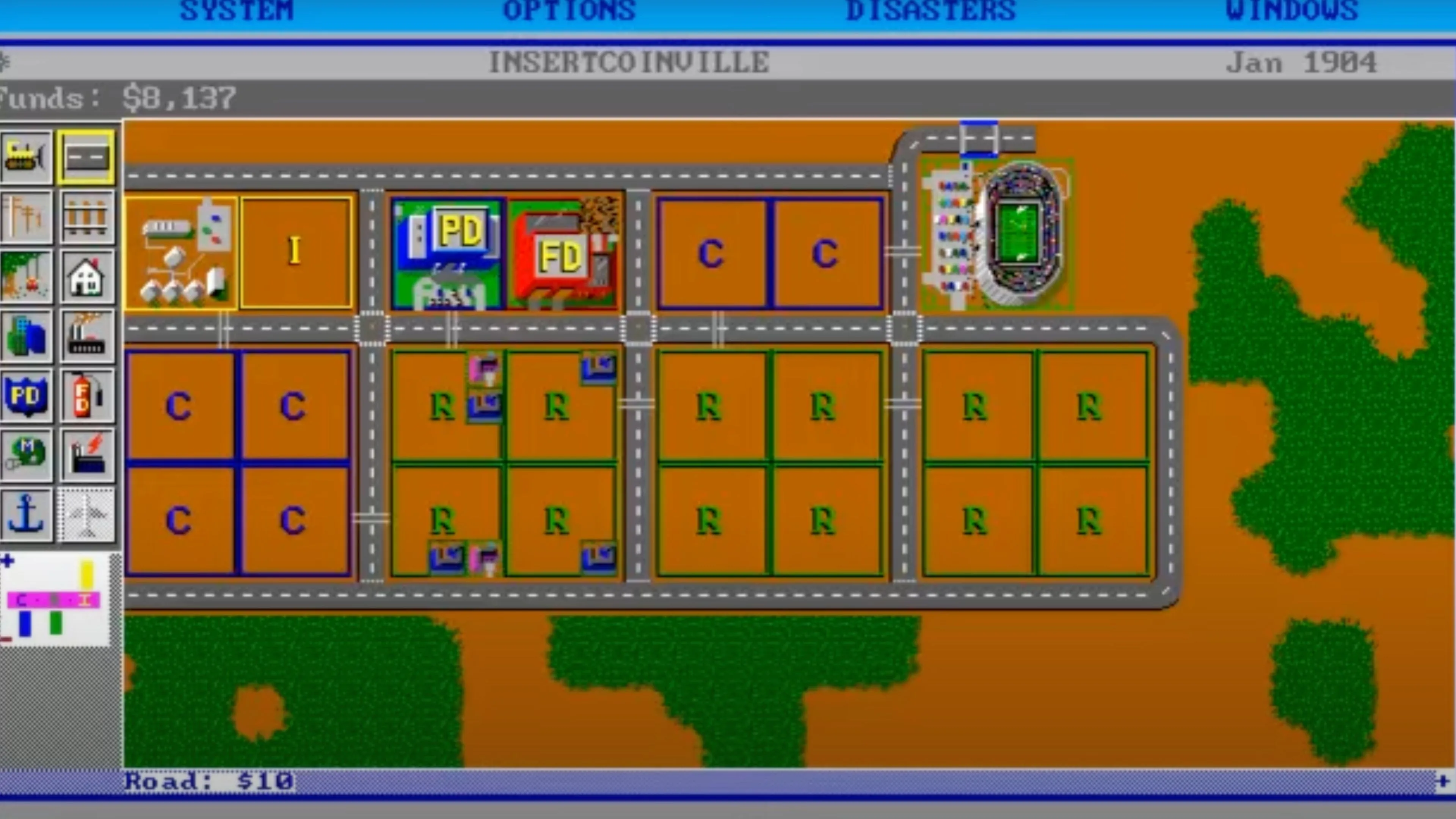 Cảnh thành phố SimCity từ trên cao với các khu công nghiệp và đường sá