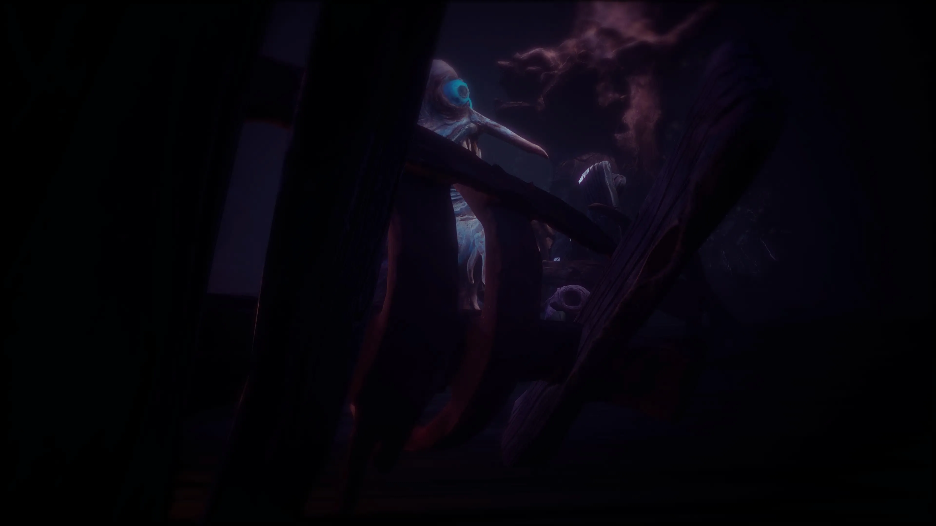 Cảnh The Burnt One và Potboy ẩn nấp khỏi Grinner trong một khu vực u ám