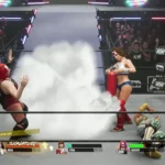 Cảnh trận đấu tay ba trong AEW: Fight Forever, minh họa các vấn đề kỹ thuật và gameplay lặp lại gây thất vọng
