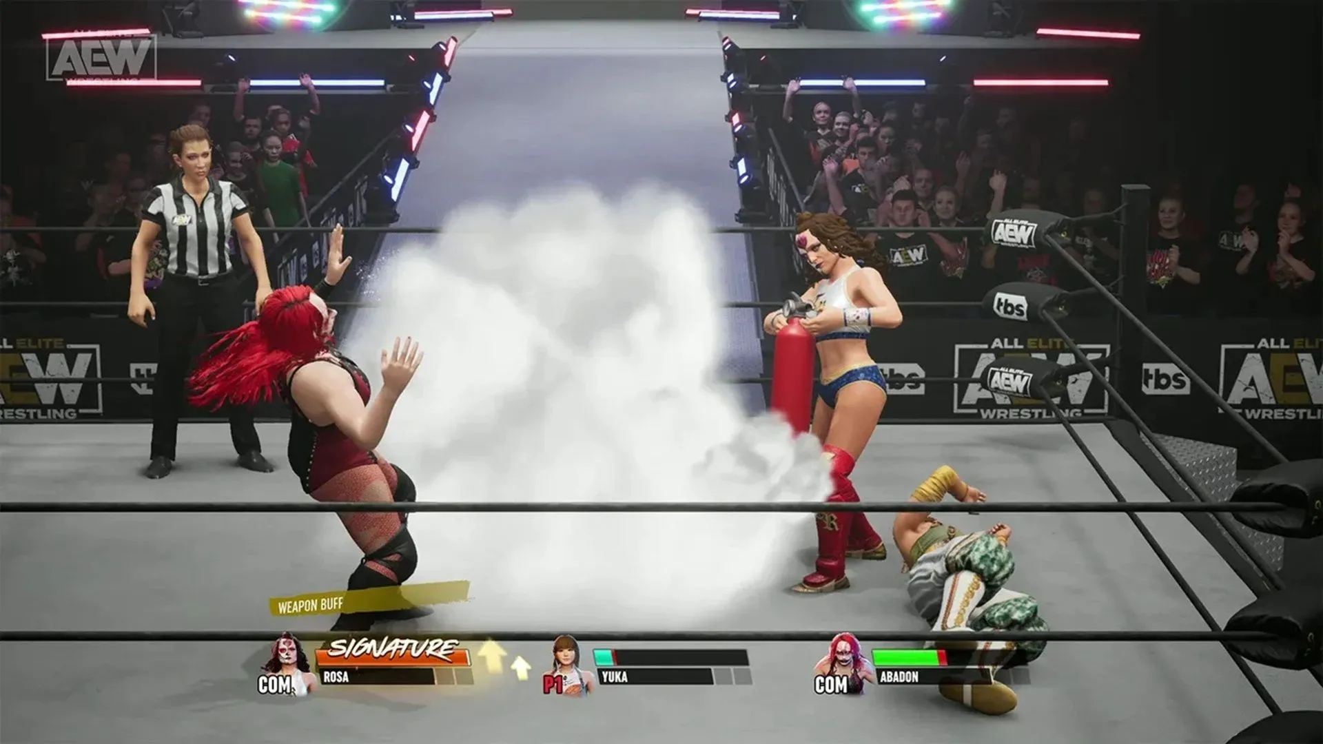 Cảnh trận đấu tay ba trong AEW: Fight Forever, minh họa các vấn đề kỹ thuật và gameplay lặp lại gây thất vọng