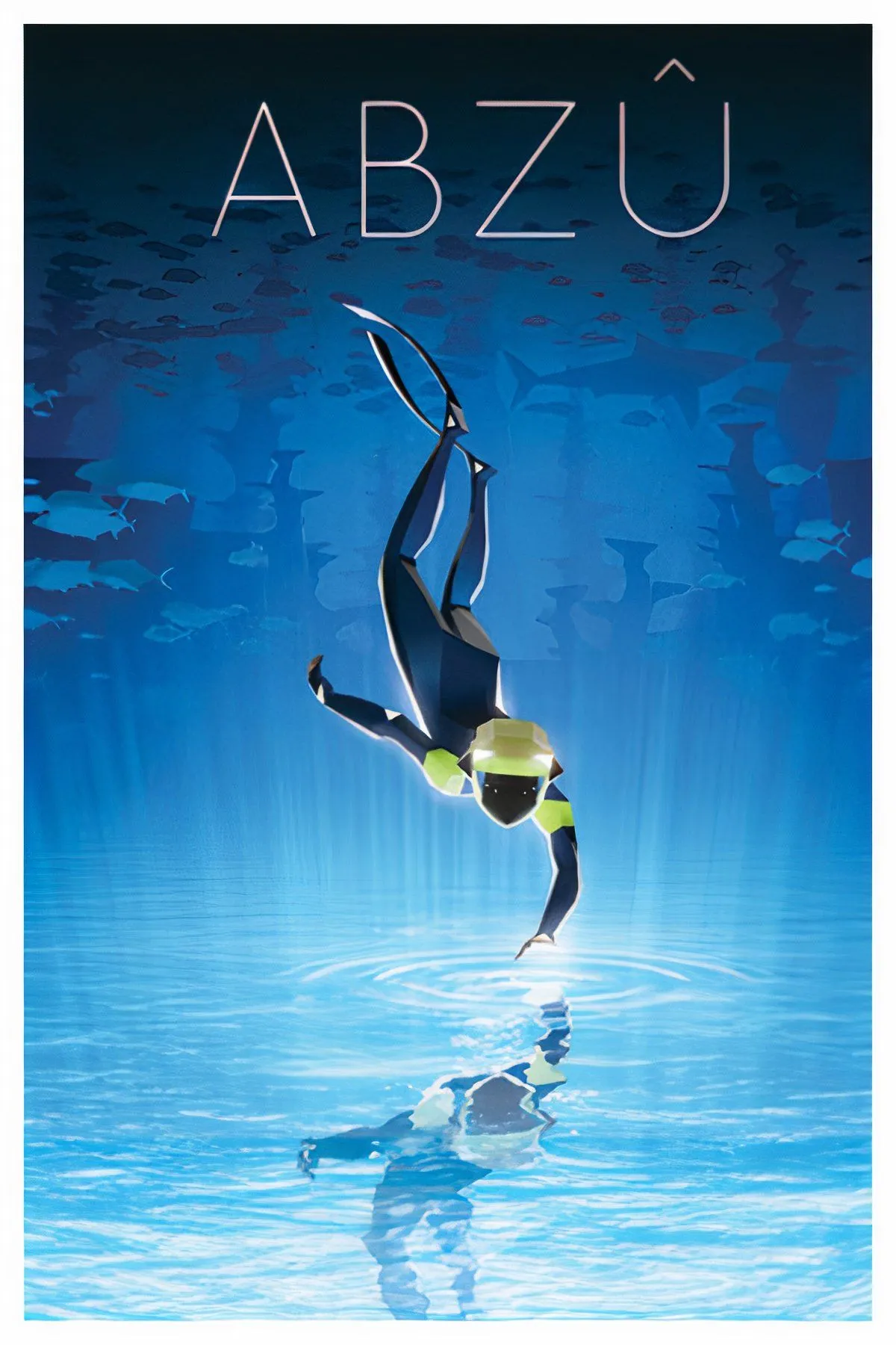 Cảnh trong game ABZU, một thợ lặn đang bơi lội giữa đàn cá đa sắc màu trong đại dương xanh thẳm