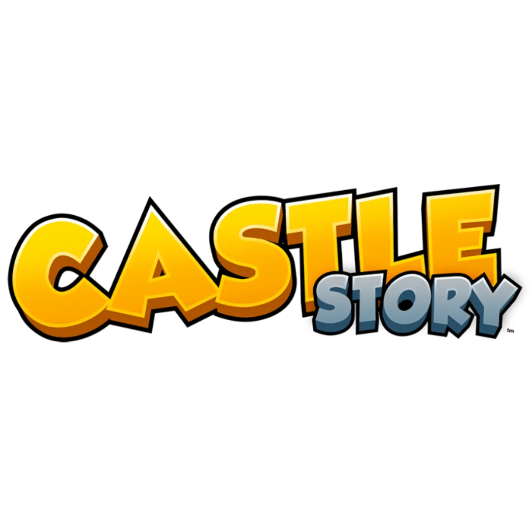 Cảnh trong game Castle Story, một lâu đài đá lớn được xây dựng giữa không gian xanh, các nhân vật nhỏ đang hoạt động xung quanh.