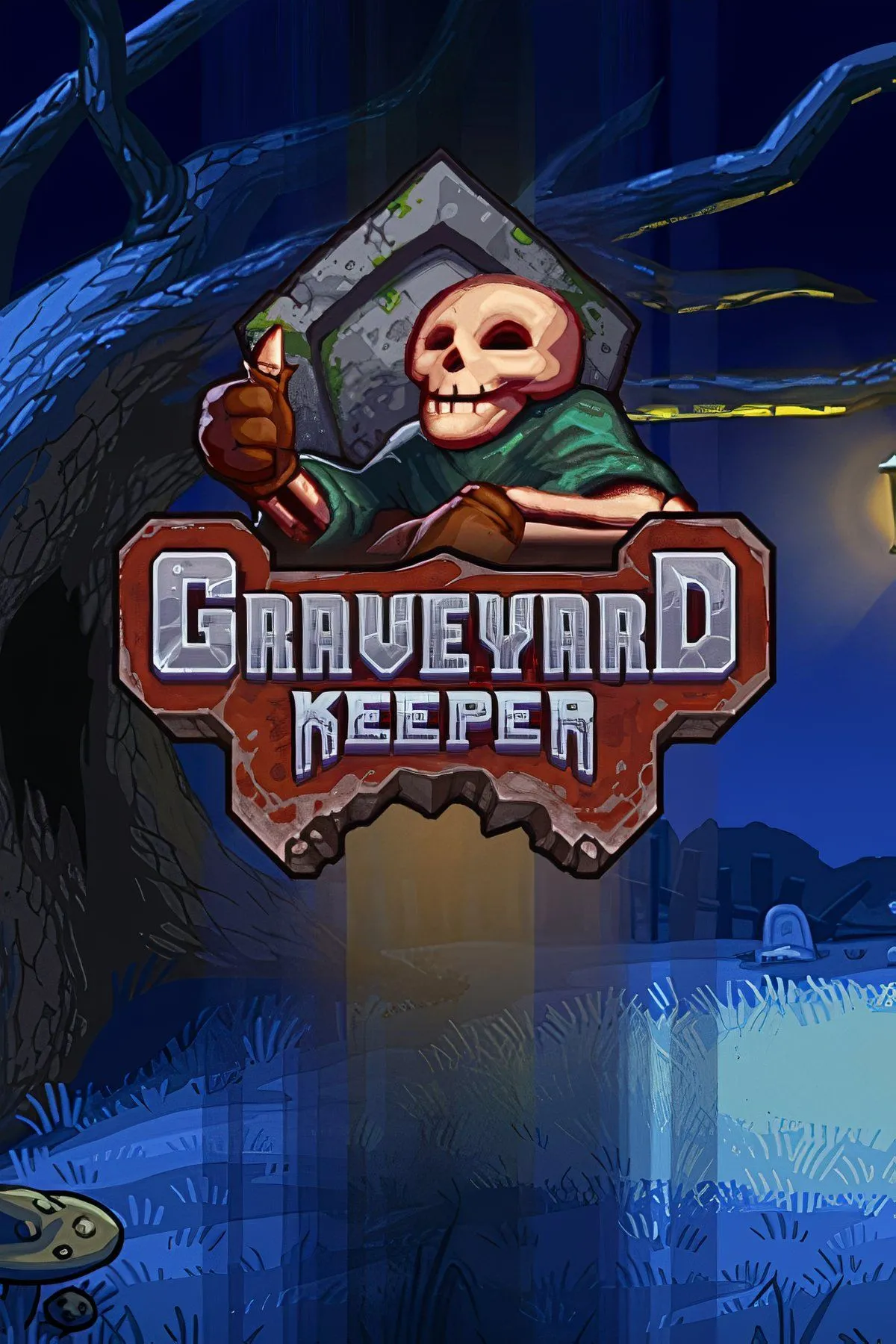 Cảnh trong game Graveyard Keeper, một quản lý nghĩa địa kỳ quặc đang làm việc trong khung cảnh pixel art tối tăm
