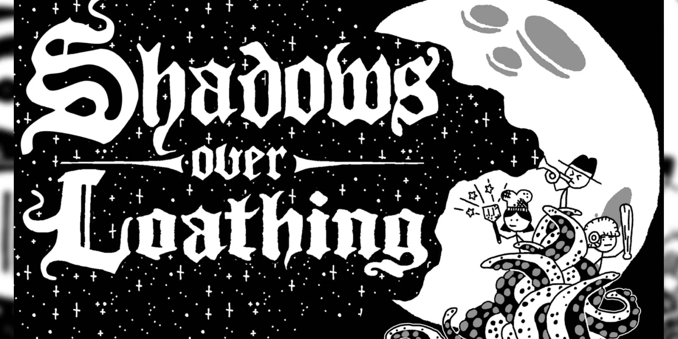 Cảnh trong game Shadows Over Loathing với phong cách vẽ tay đen trắng