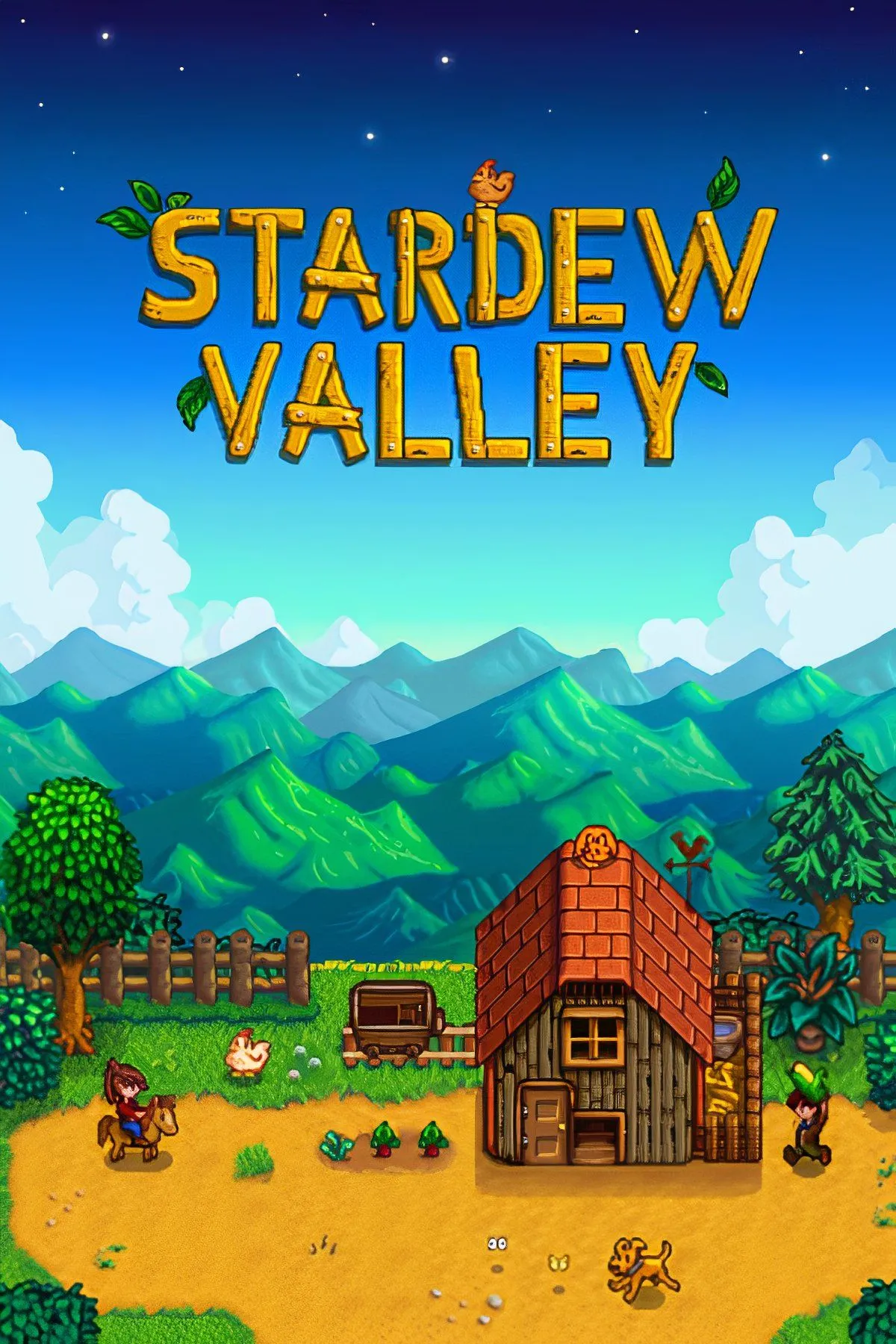 Cảnh trong game Stardew Valley, thể hiện trang trại với cây trồng, vật nuôi và nhân vật chính đang chăm sóc đất đai