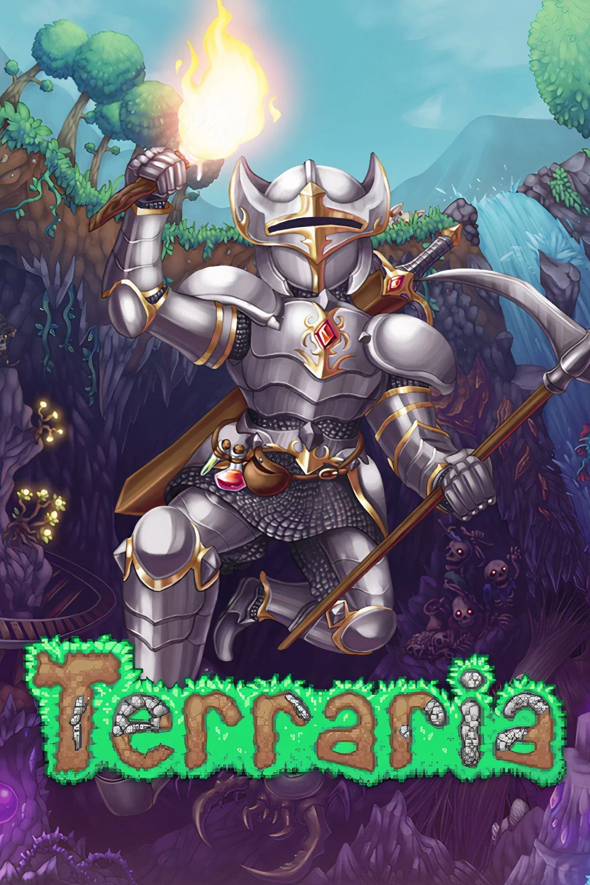 Cảnh trong game Terraria, thể hiện nhân vật chính đang khám phá một hang động đầy quái vật và kho báu trong thế giới pixelated