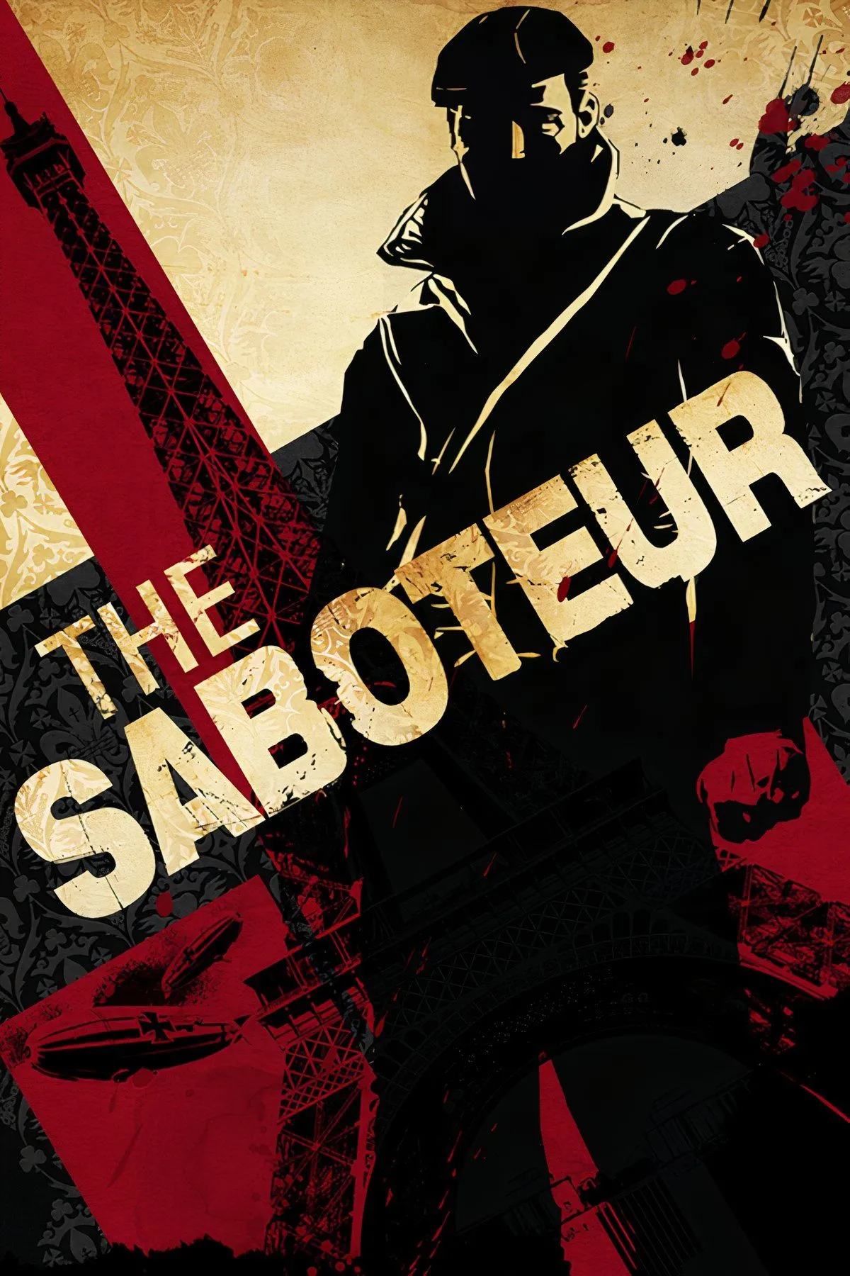 Cảnh trong game The Saboteur, thể hiện Paris bị chiếm đóng với phong cách đồ họa đen trắng, nhấn mạnh sự áp bức