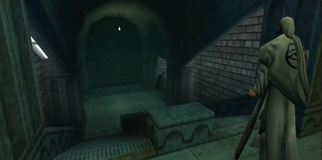 Cảnh trong tựa game Blood II: The Chosen với hai nhân vật đứng tại một cầu thang đá cổ kính.
