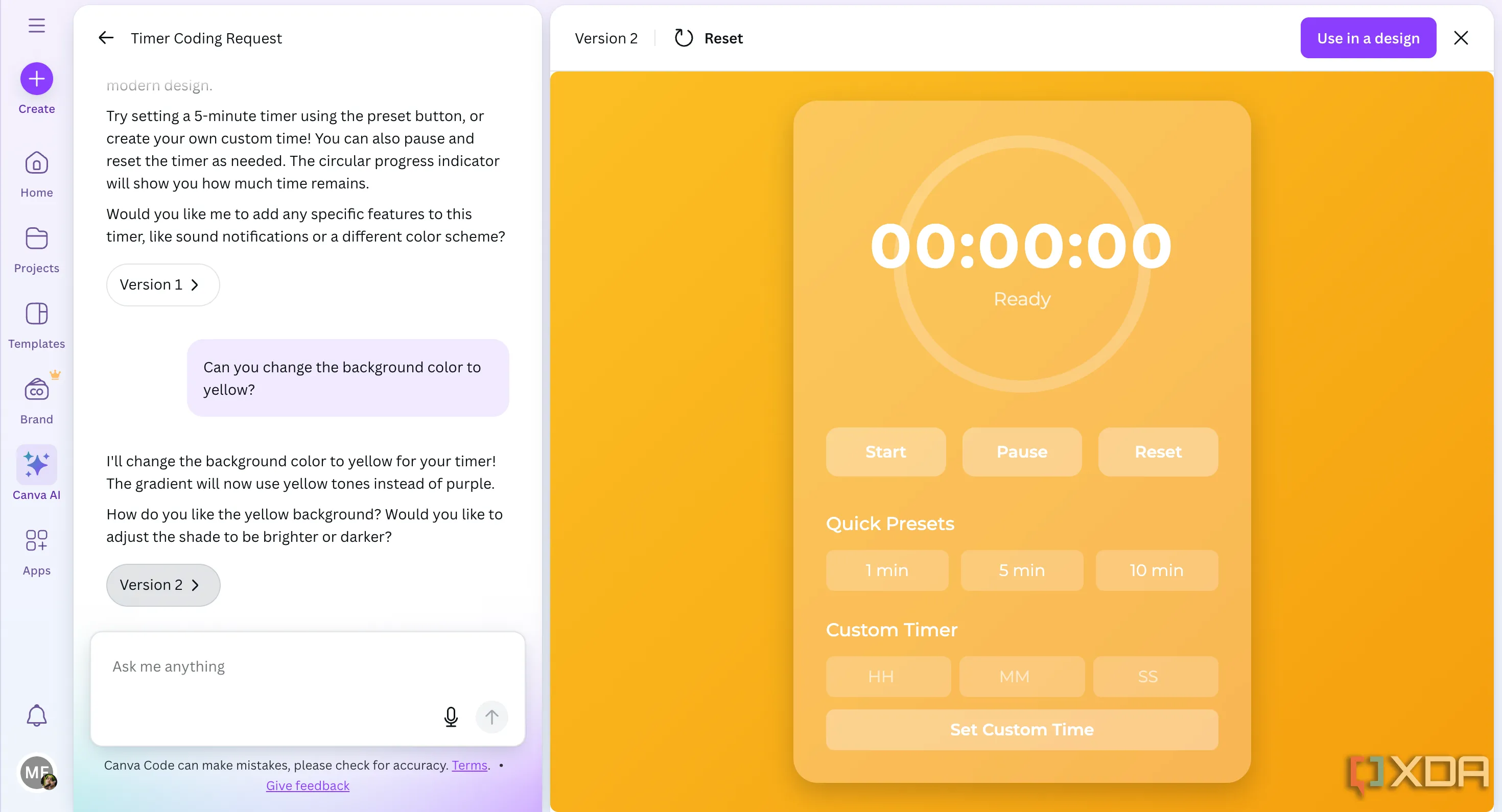 Canva Code cập nhật công cụ đếm ngược sang nền vàng theo yêu cầu chỉnh sửa của người dùng.