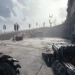 Cầu thang trong lâu đài Sentinel Barracks, nơi Doom Slayer chuẩn bị chiến đấu trên ban công.