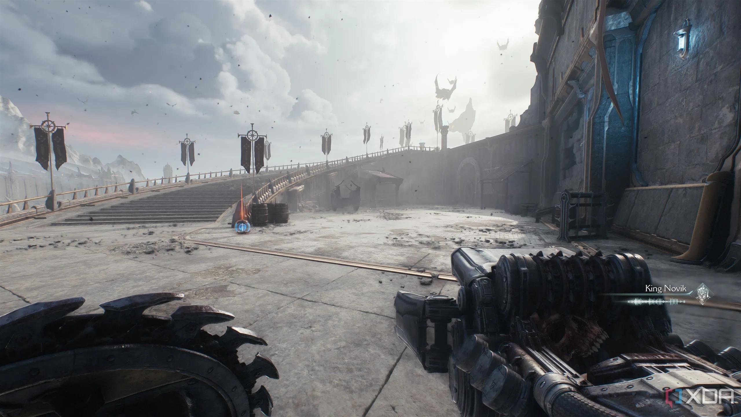 Cầu thang trong lâu đài Sentinel Barracks, nơi Doom Slayer chuẩn bị chiến đấu trên ban công.