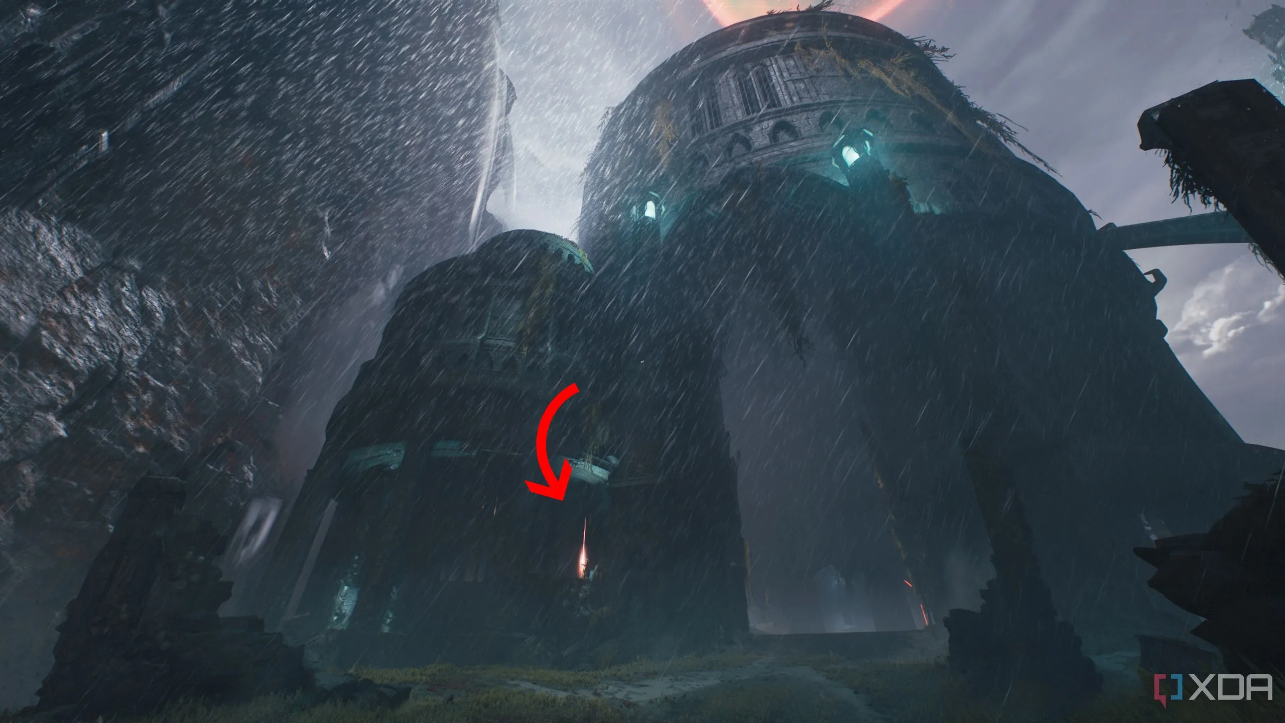 Cấu trúc nhỏ bên cạnh một tòa nhà lớn với viên Ruby đỏ trong Chương 14 Doom The Dark Ages.