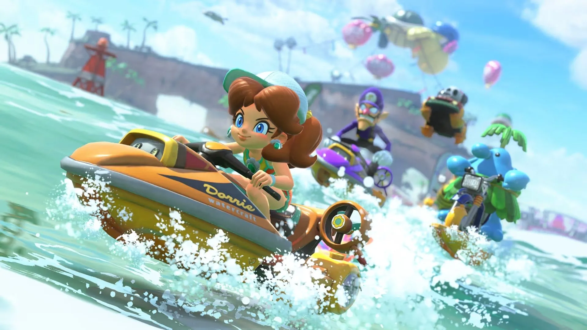 Chiếc xe của Princess Peach bay lượn trên không trung trong một đường đua của Mario Kart World.