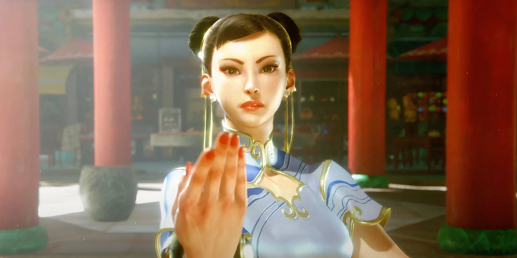 Chun-Li của Street Fighter 6 trong tư thế chiến đấu đặc trưng, thể hiện sức mạnh.