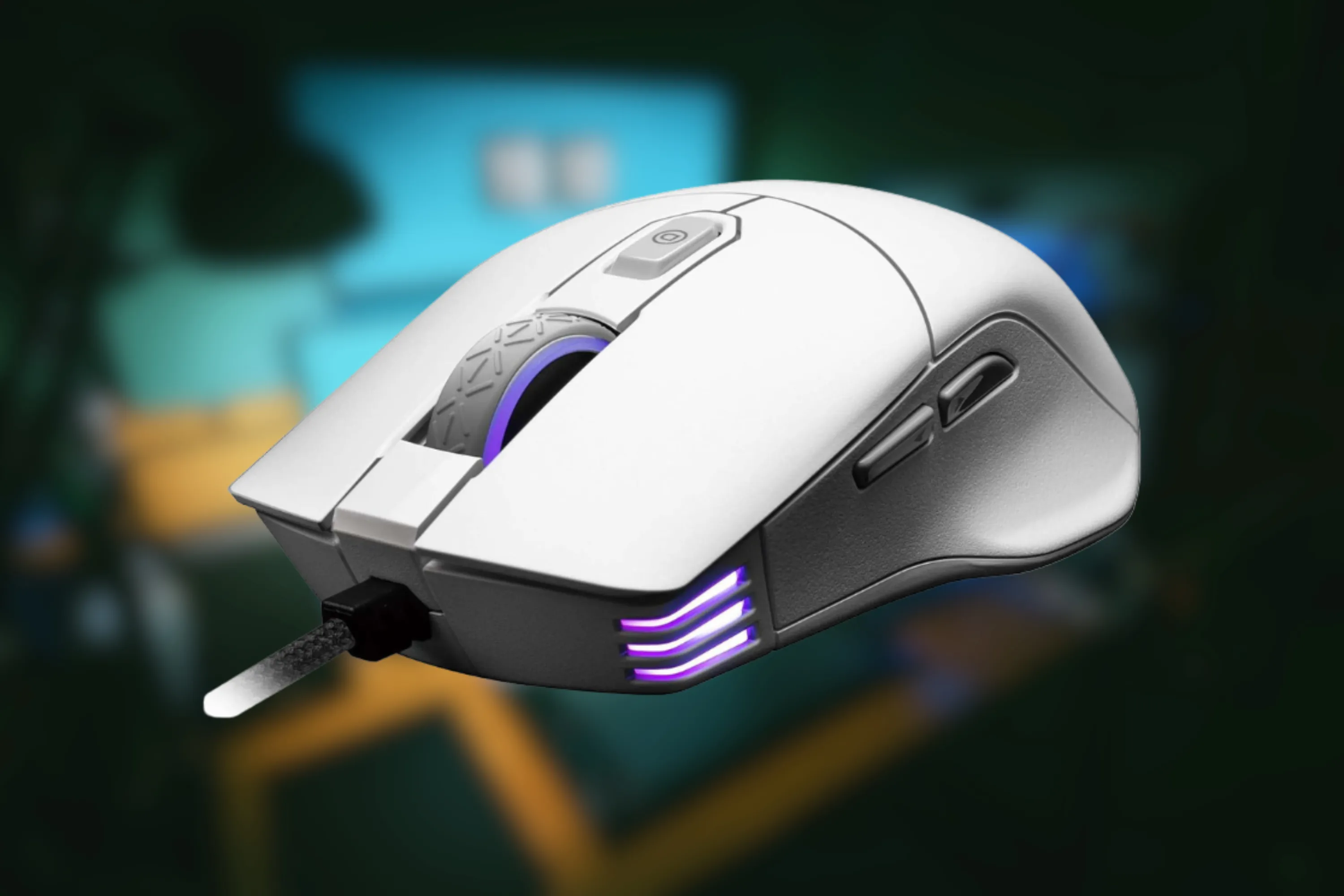 Chuột chơi game EVGA X12 trong không gian mờ ảo với ánh sáng RGB xanh dịu
