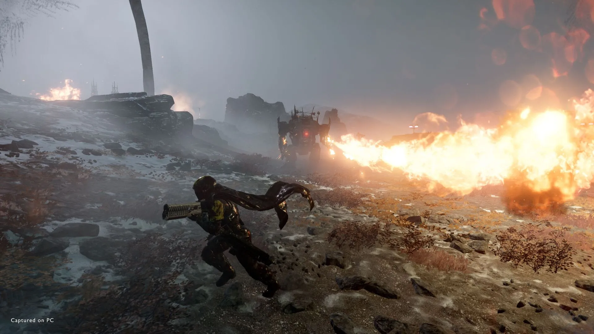 Cơ giáp chiến đấu hạng nặng của Helldivers 2 tấn công kẻ thù bằng súng phun lửa