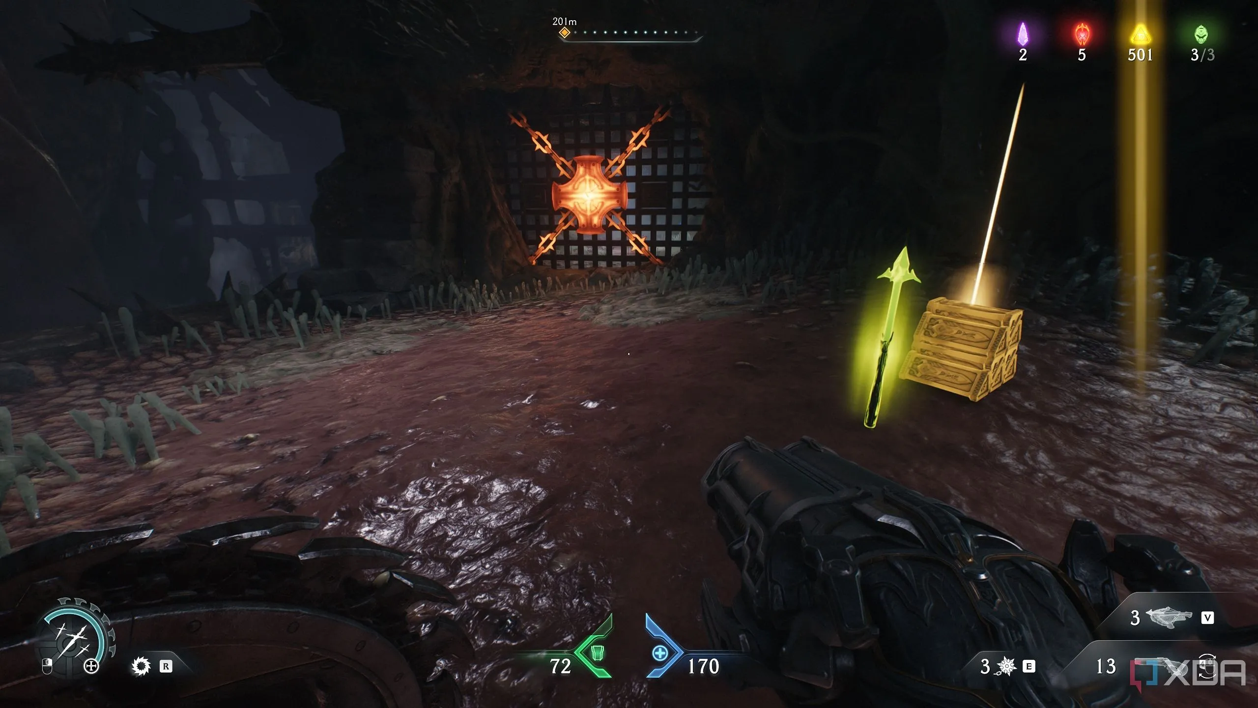 Cọc vàng nằm cạnh thanh chắn kim loại nóng trong Chương 14 Doom The Dark Ages.