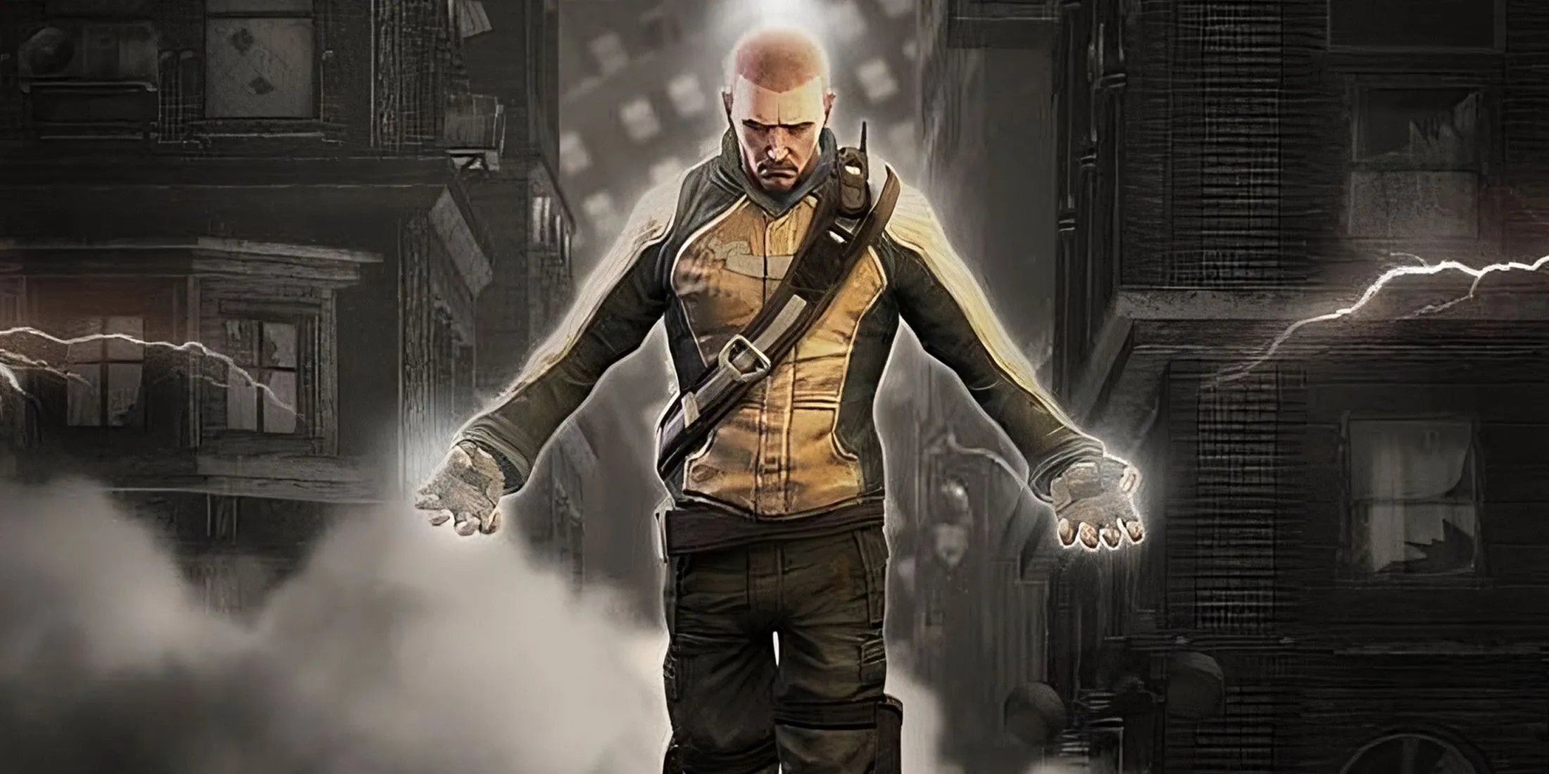 Cole MacGrath đang sạc năng lượng điện trong Infamous, một game hành động phiêu lưu PS3