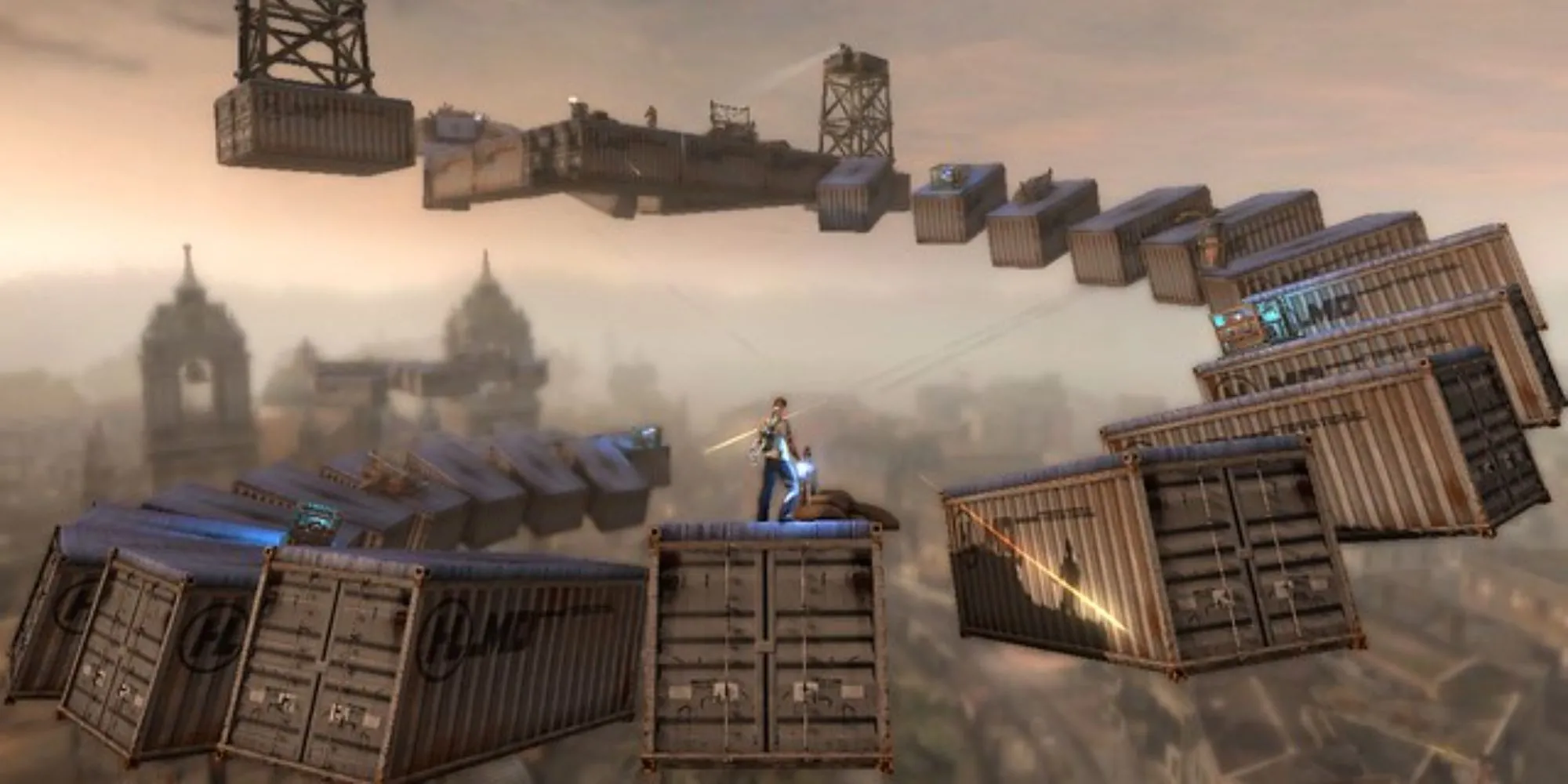 Cole MacGrath trên nóc tòa nhà cao tầng trong khung cảnh thành phố của Infamous
