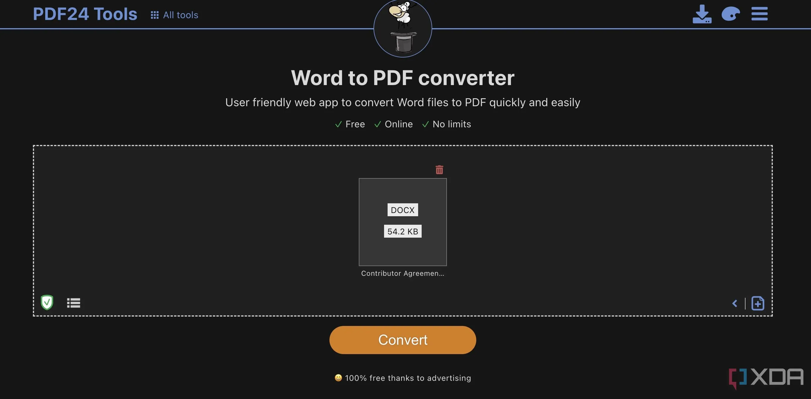 Công cụ chuyển đổi tài liệu Word sang PDF trong PDF24 với giao diện sạch sẽ, thân thiện