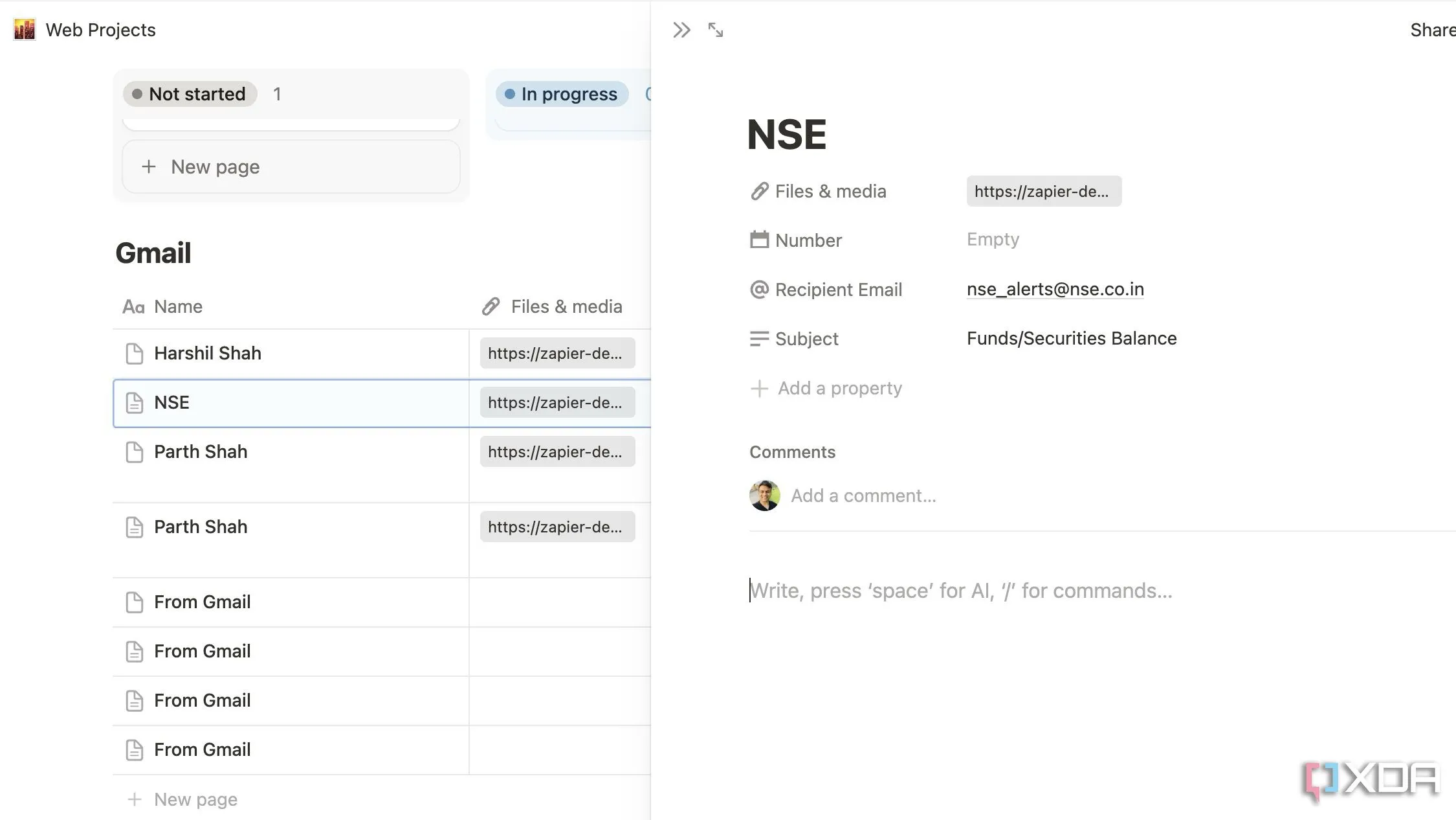 Danh sách biên lai email đã được tự động chuyển vào Notion database