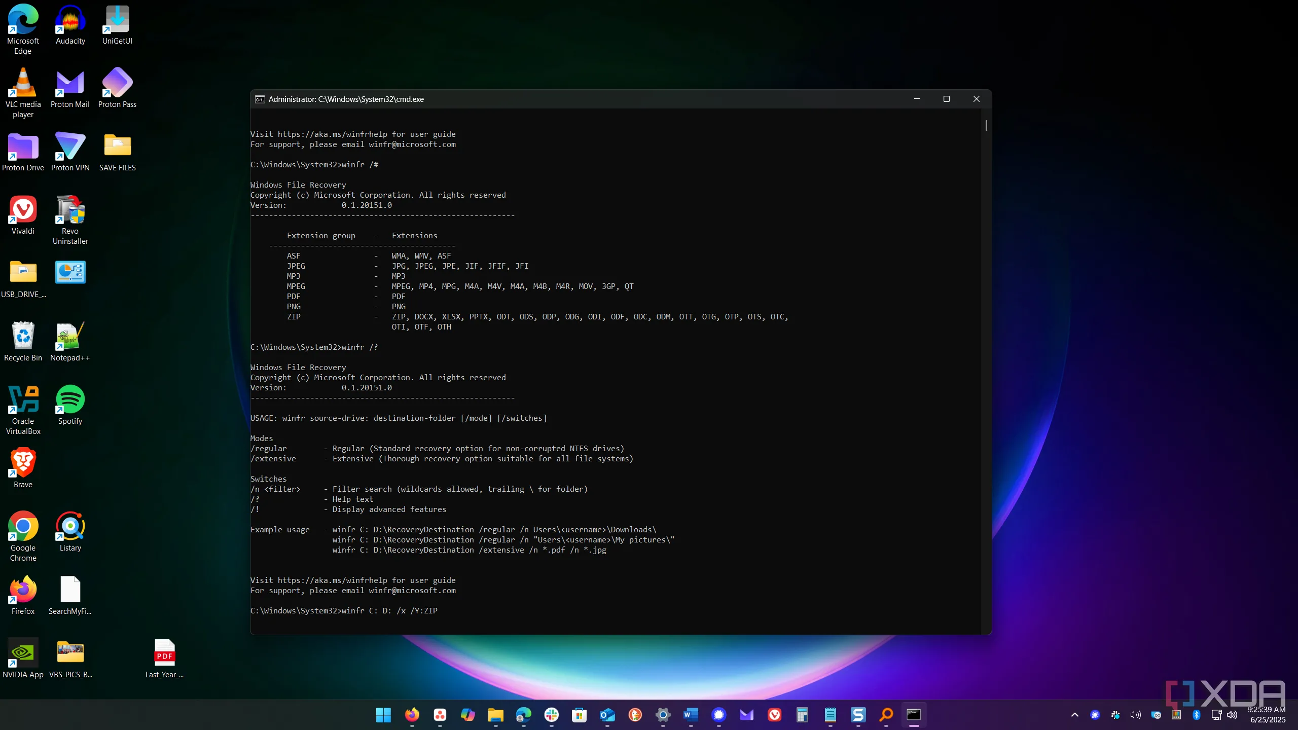 Danh sách các định dạng file được hỗ trợ bởi Windows File Recovery và menu trợ giúp lệnh winfr