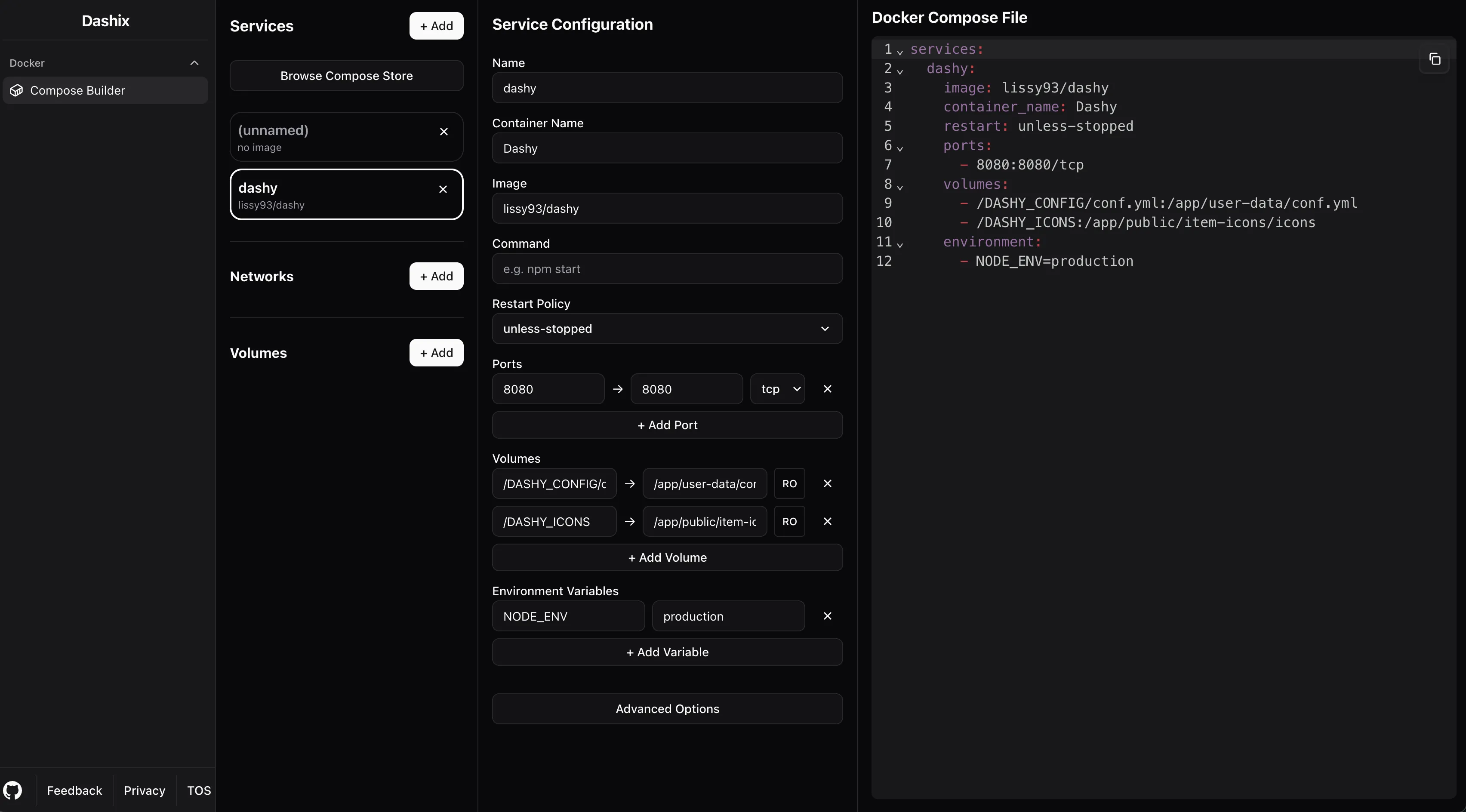 Dashix tạo file Docker Compose tùy chỉnh cho từng môi trường